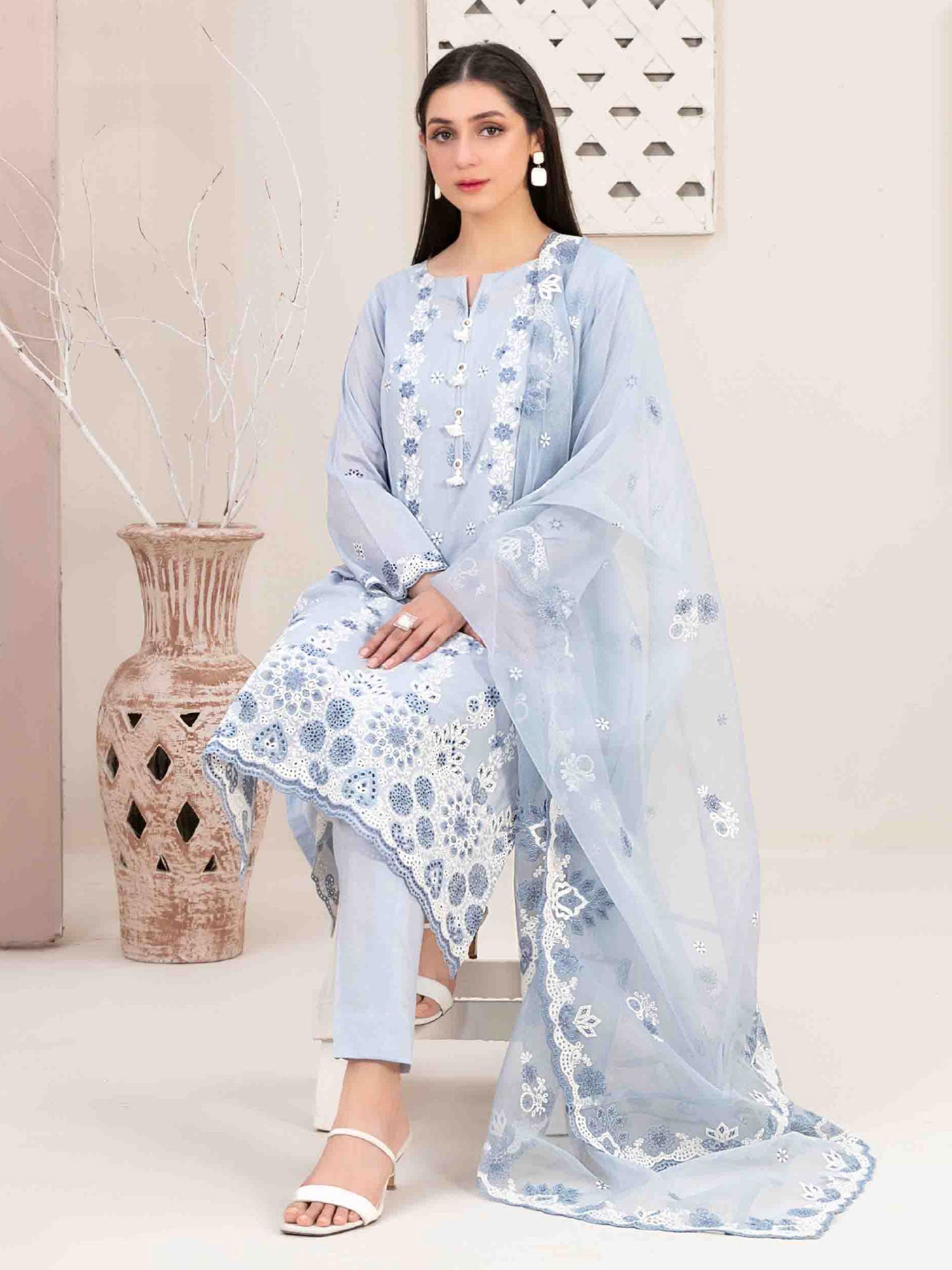 Tawakkal "Mehri" Fancy Embroidered Lawn Suit (D3071) - Blue-Grey