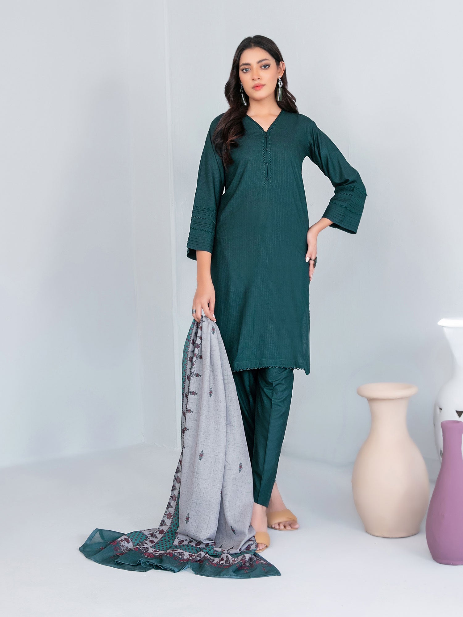 Tawakkal "Asmera" Solid Staple Linen Suit with Shawl (D5734) - Teal