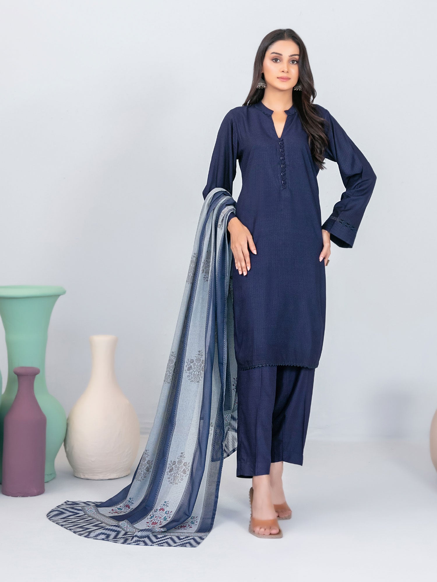 Tawakkal "Asmera" Solid Staple Linen Suit with Shawl (D5735) - Navy