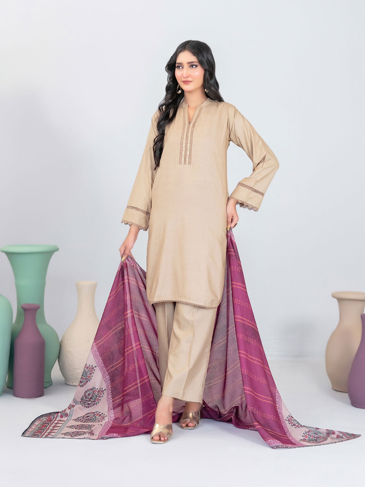 Tawakkal "Asmera" Solid Staple Linen Suit with Shawl (D5736) - Beige