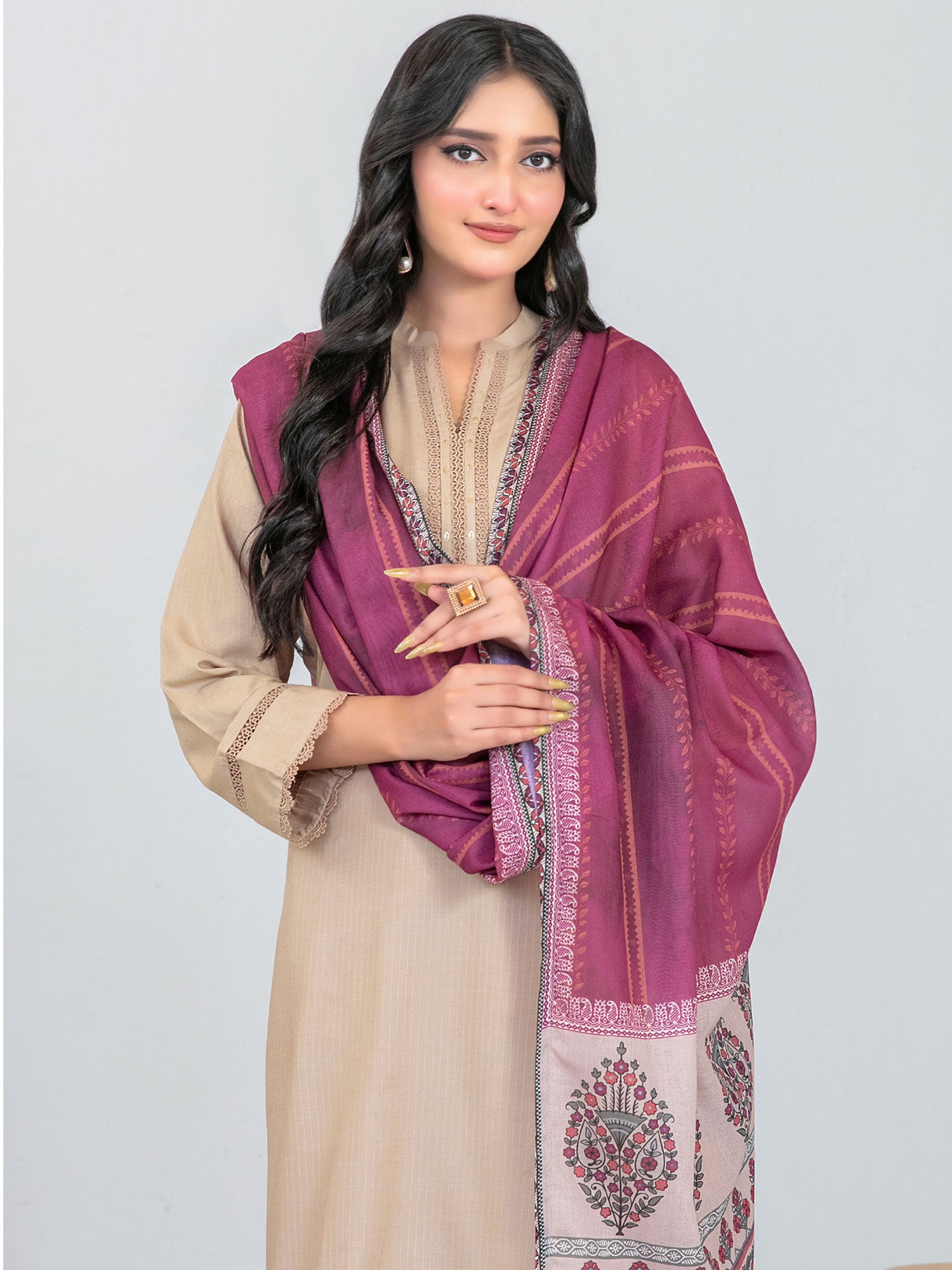 Tawakkal "Asmera" Solid Staple Linen Suit with Shawl (D5736) - Beige