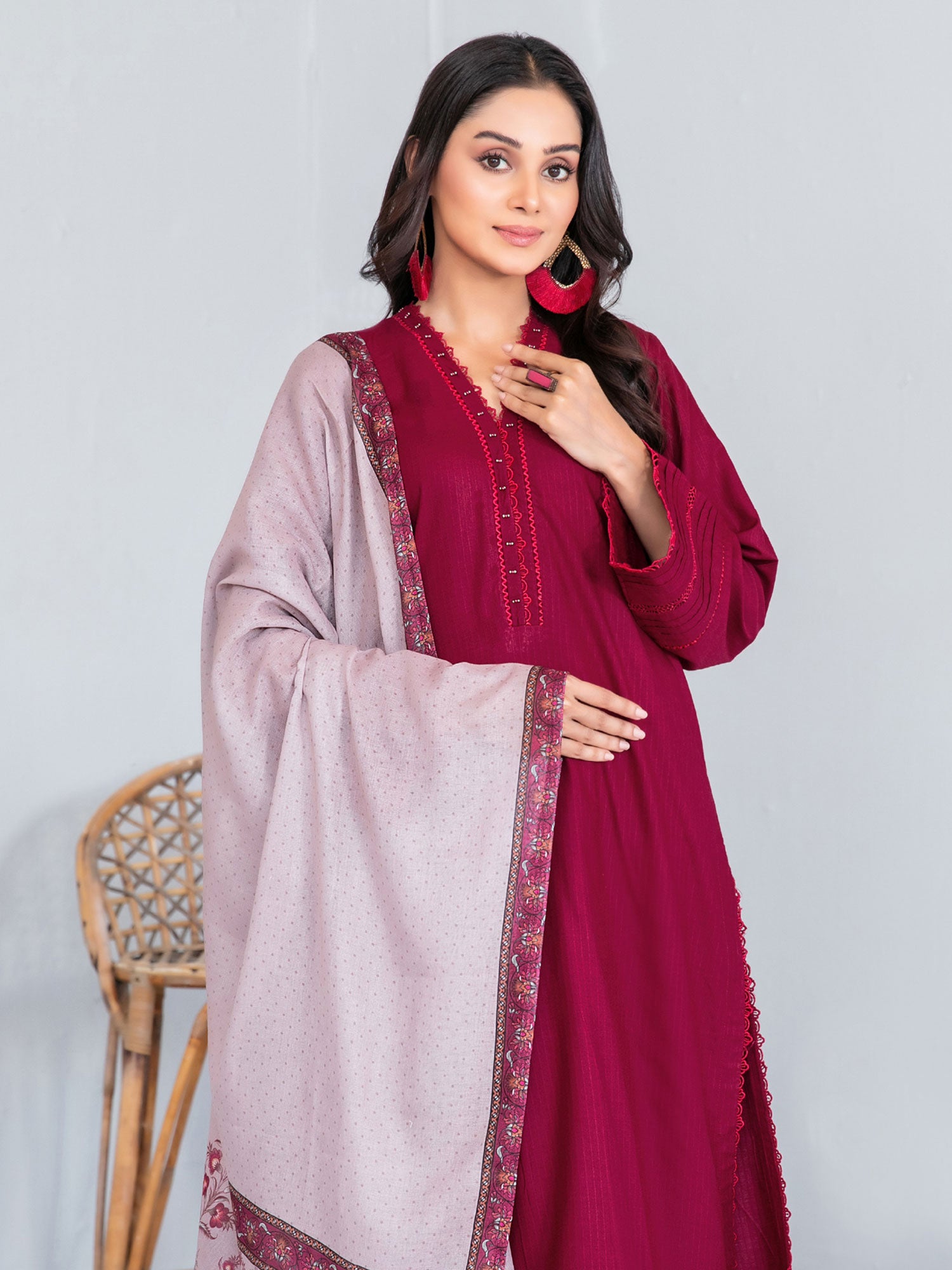 Tawakkal "Asmera" Solid Staple Linen Suit with Shawl (D5737) - Dark Pink