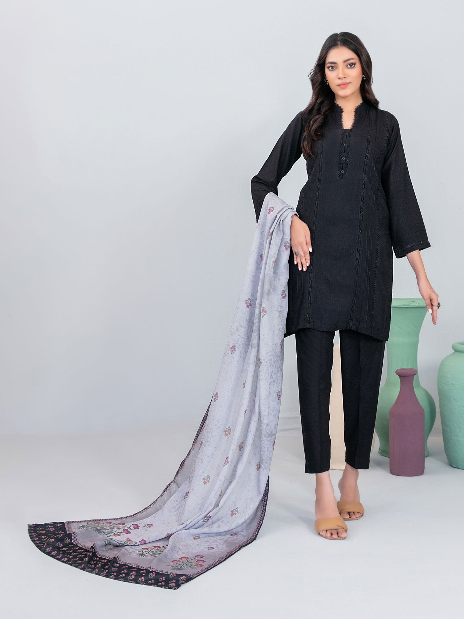 Tawakkal "Asmera" Solid Staple Linen Suit with Shawl (D5738) - Black