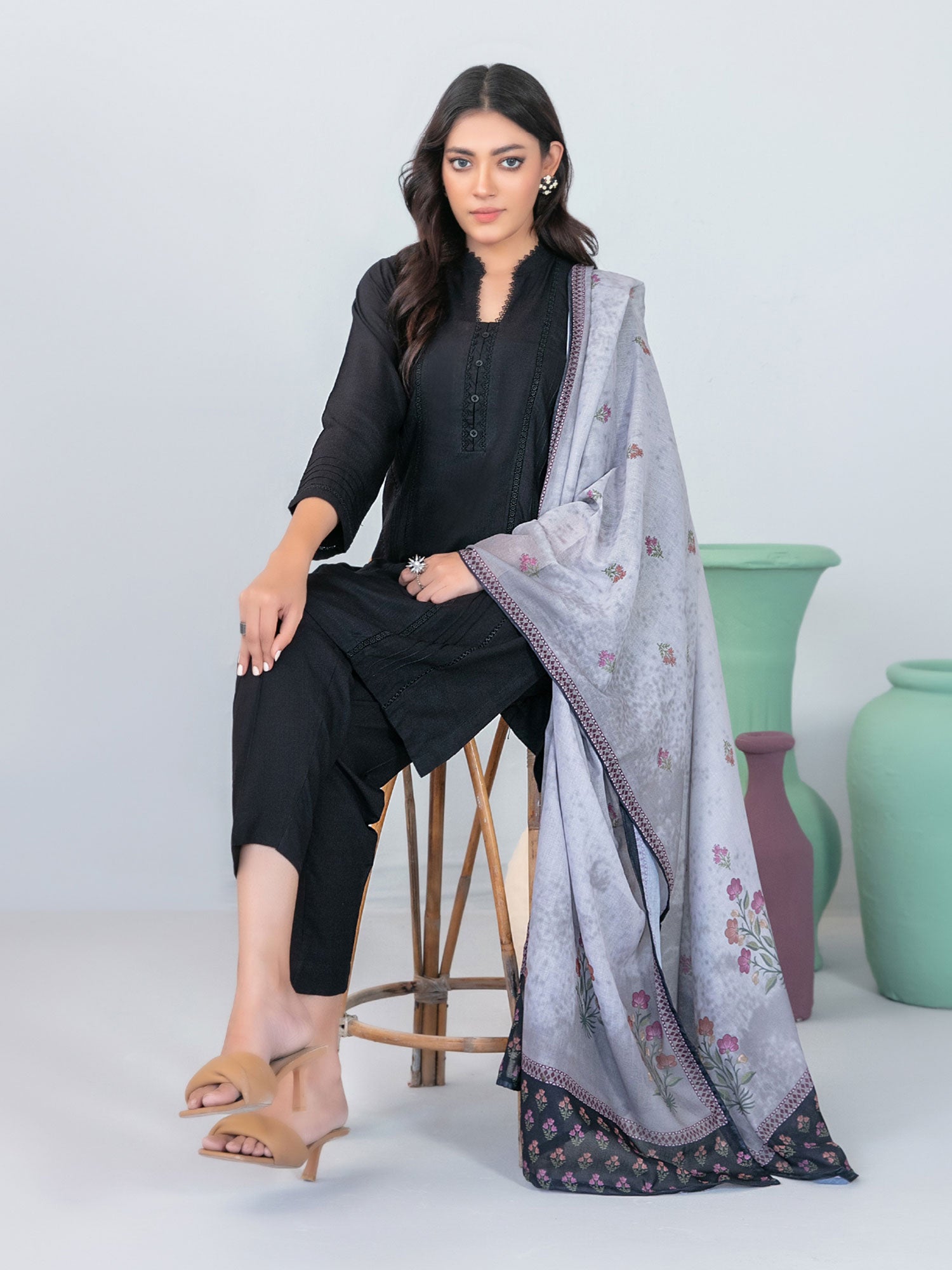 Tawakkal "Asmera" Solid Staple Linen Suit with Shawl (D5738) - Black