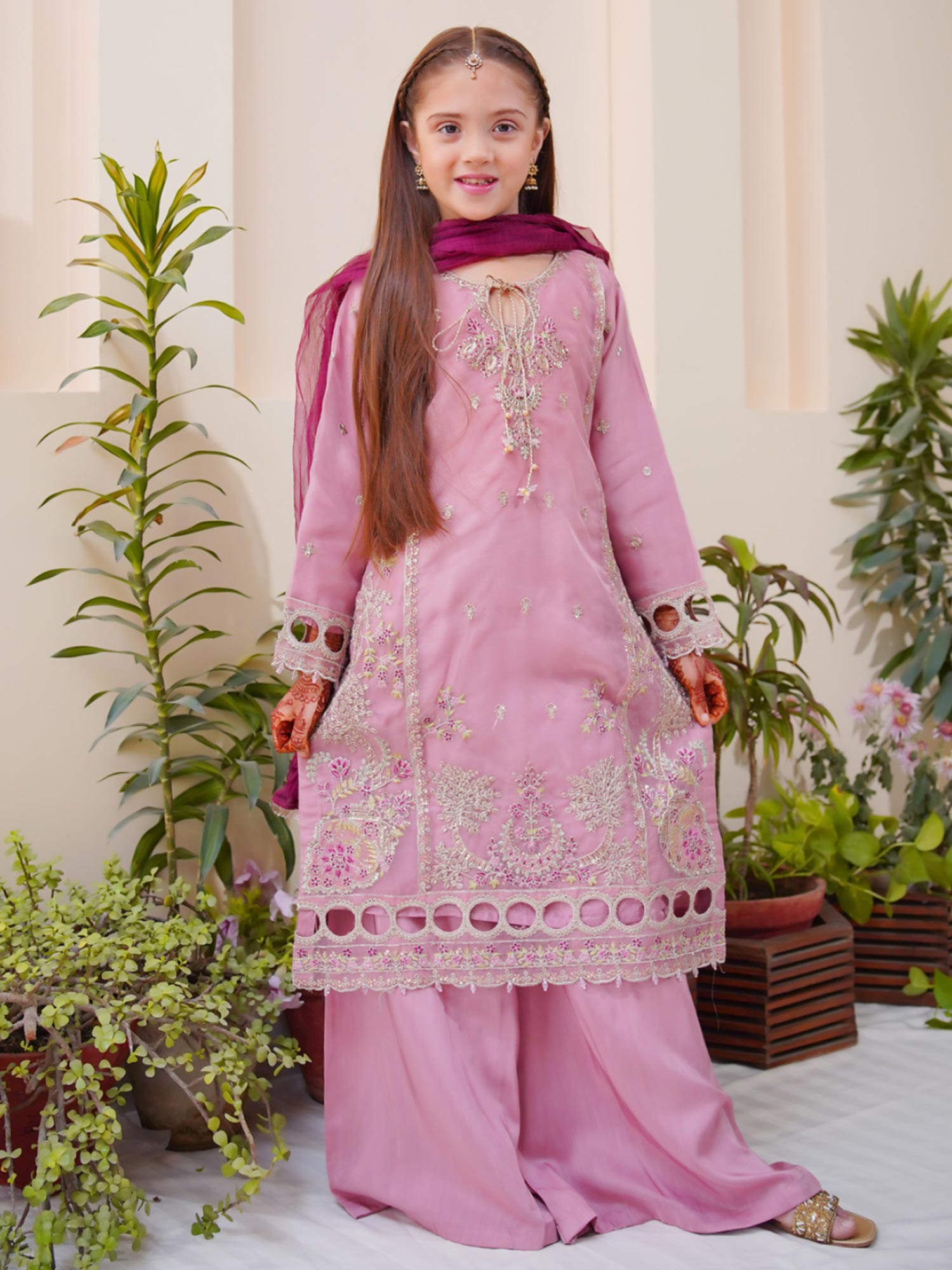 Kids Embroidered Organza 3-Piece Suit with Silk Sharara - Pink