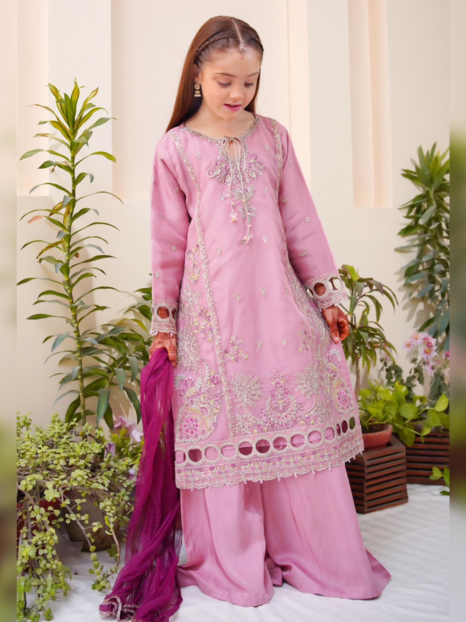 Kids Embroidered Organza 3-Piece Suit with Silk Sharara - Pink