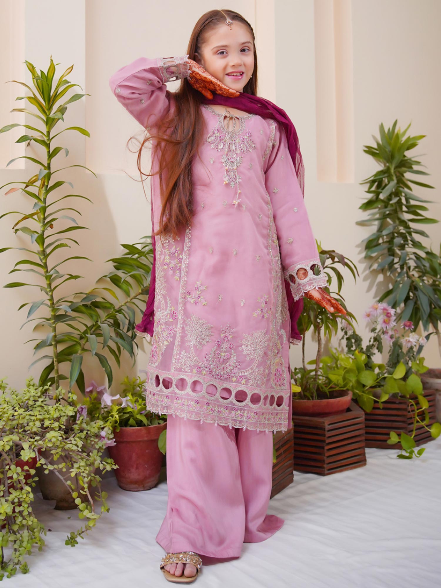 Kids Embroidered Organza 3-Piece Suit with Silk Sharara - Pink