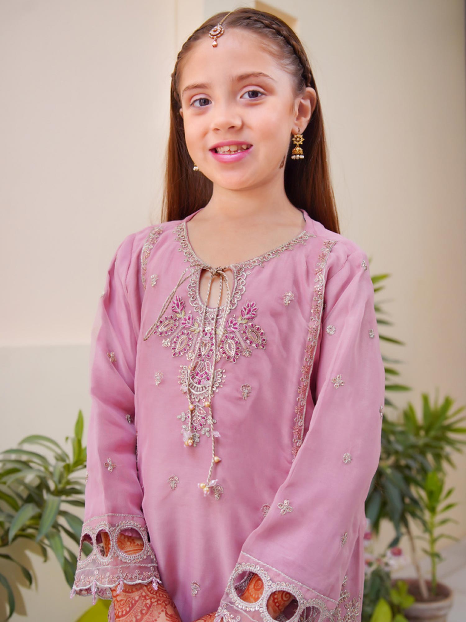 Kids Embroidered Organza 3-Piece Suit with Silk Sharara - Pink
