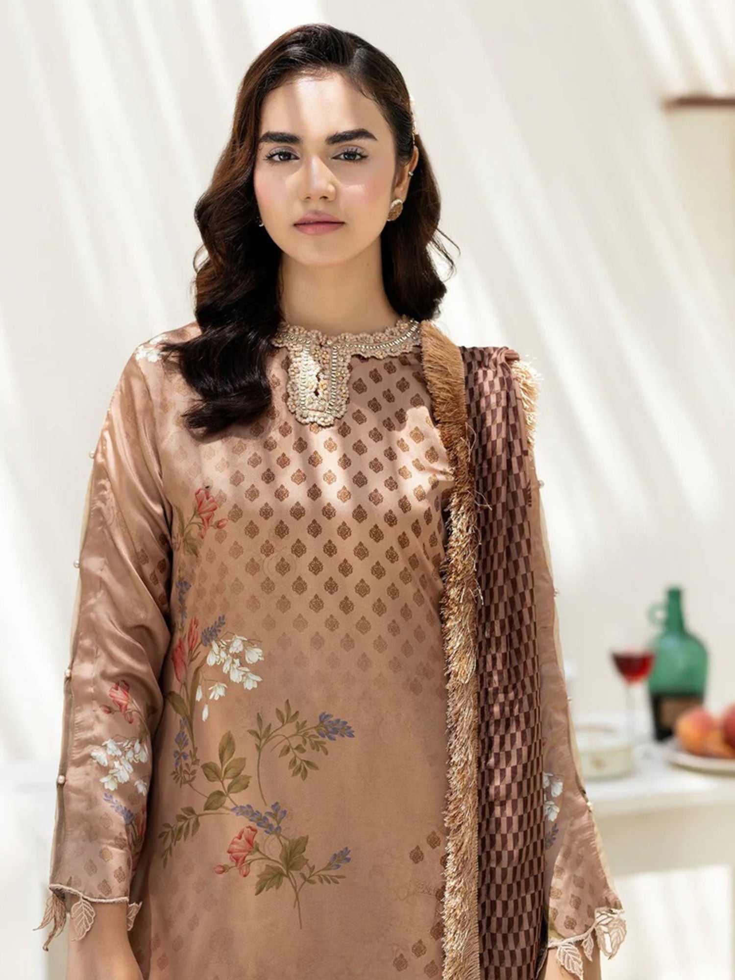 Ally's Brown Shamoz Silk Embroidered 3-Piece Suit (DGP-236)