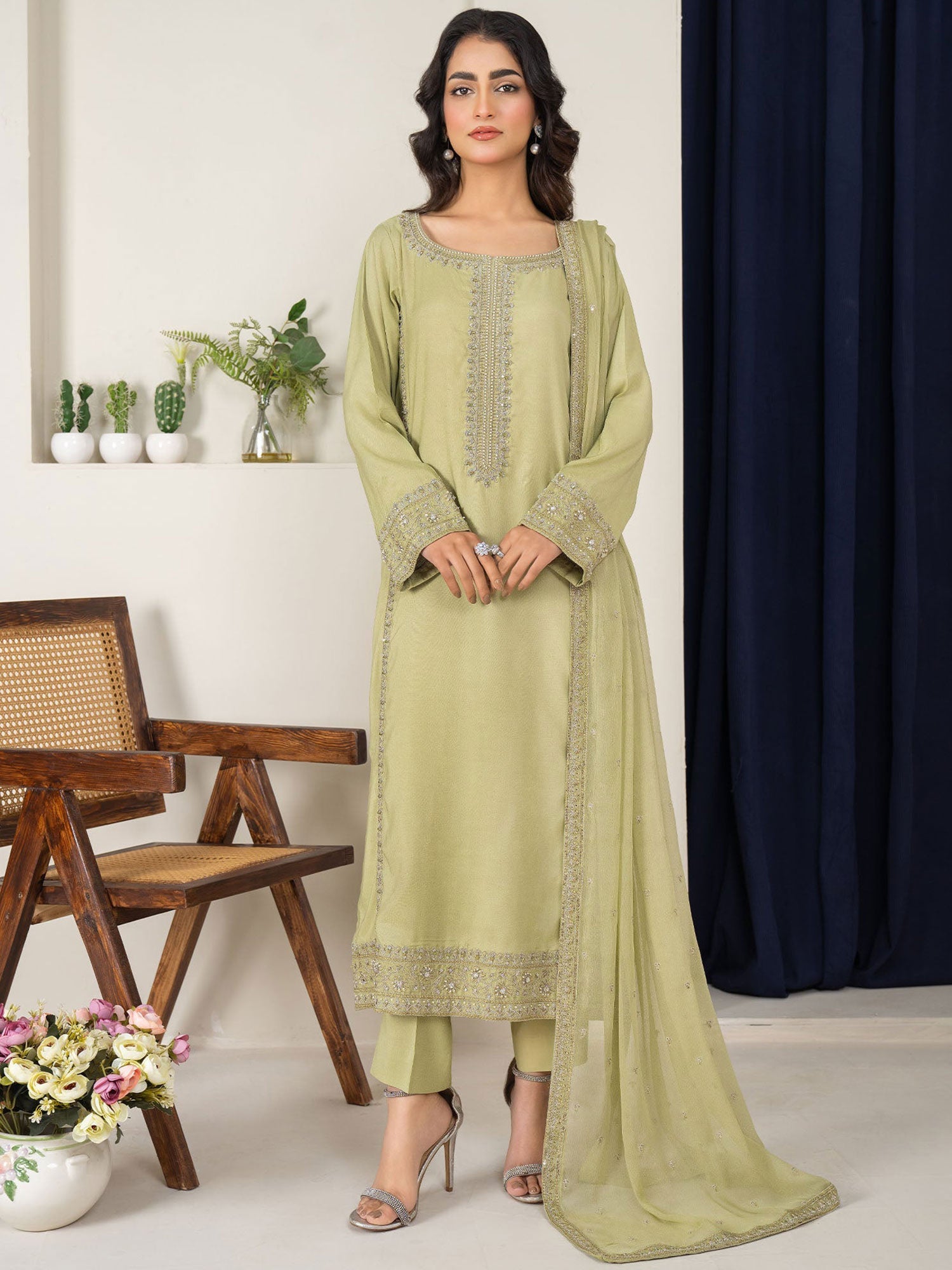 SIFA Pista Green Embellished Silk 3-Piece Suit