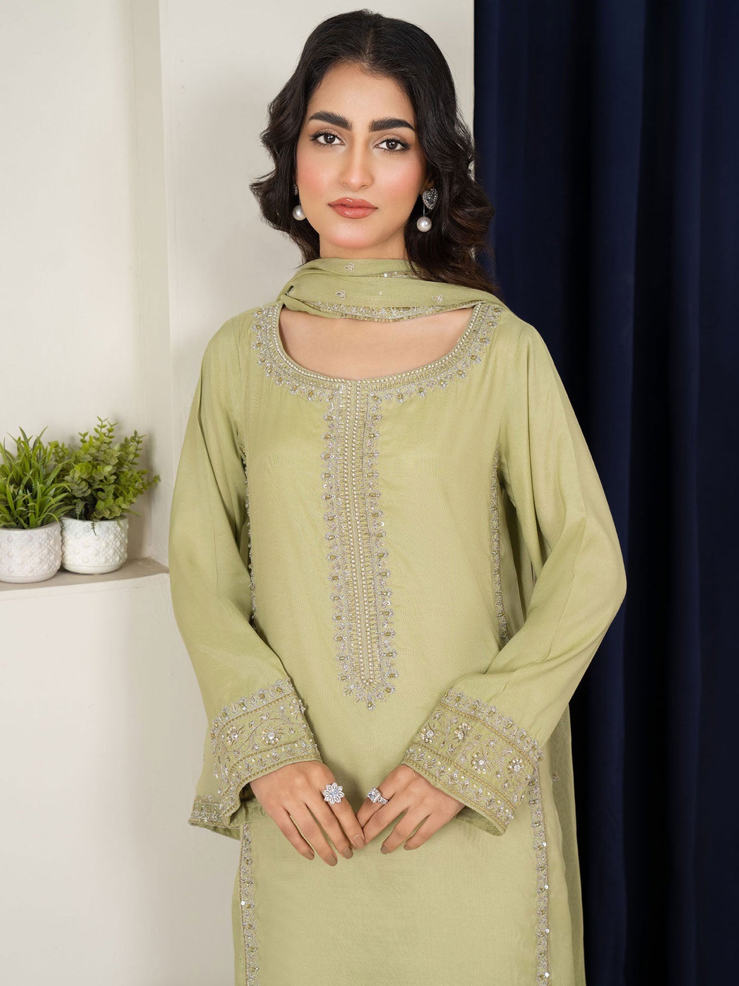 SIFA Pista Green Embellished Silk 3-Piece Suit