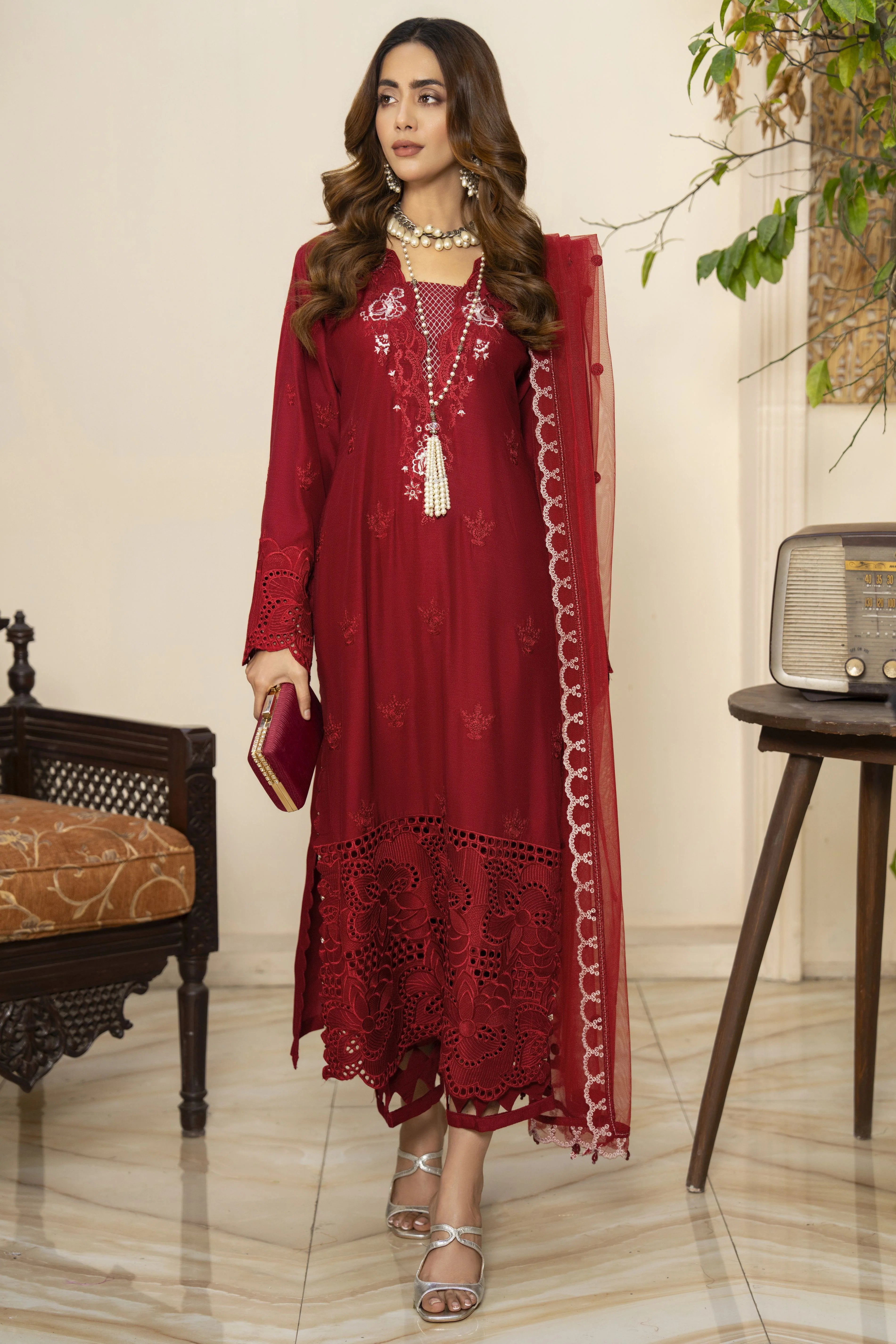 Ally's Maroon Viscrose Embroidered 3-Piece Suit (VX93)