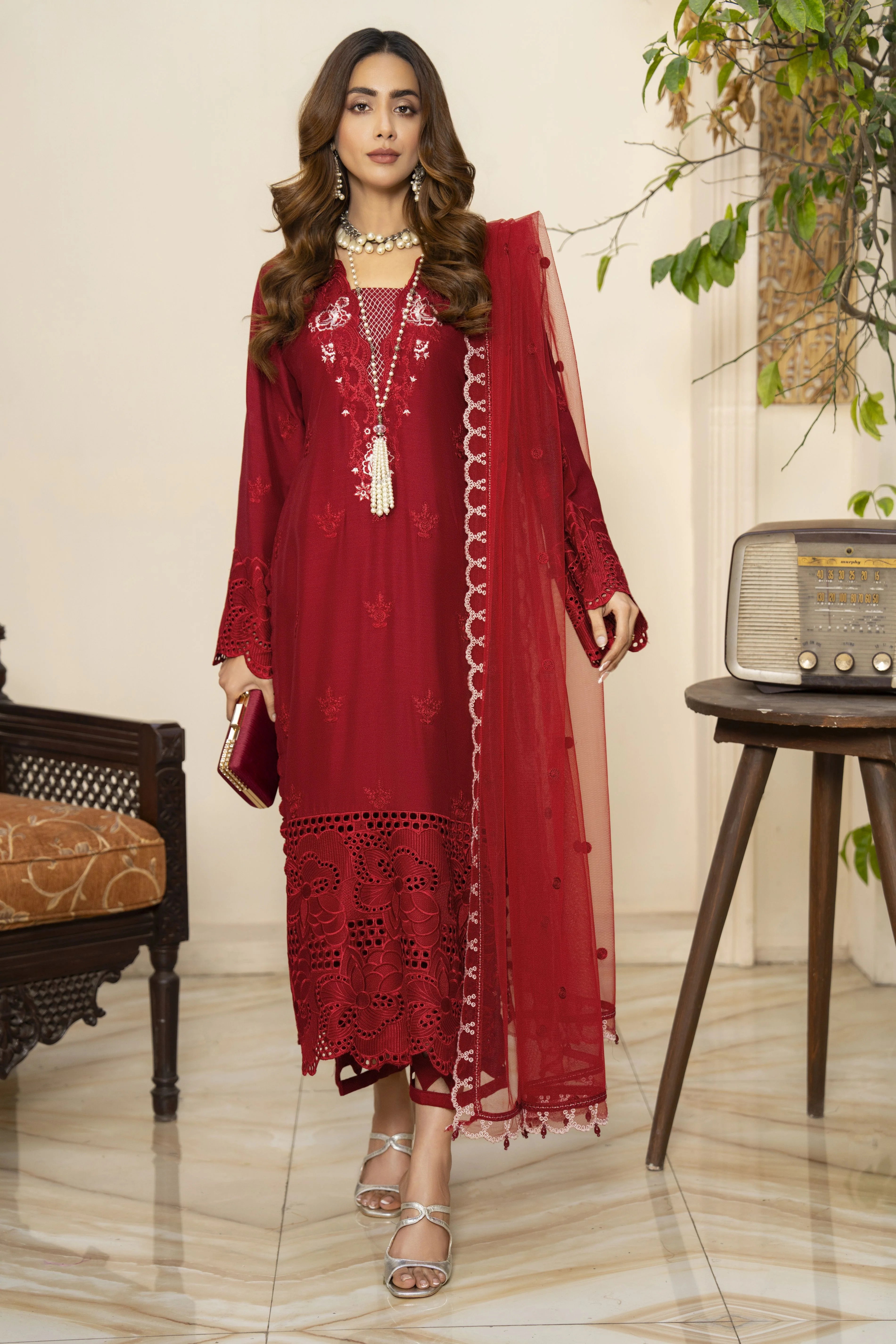 Ally's Maroon Viscrose Embroidered 3-Piece Suit (VX93)