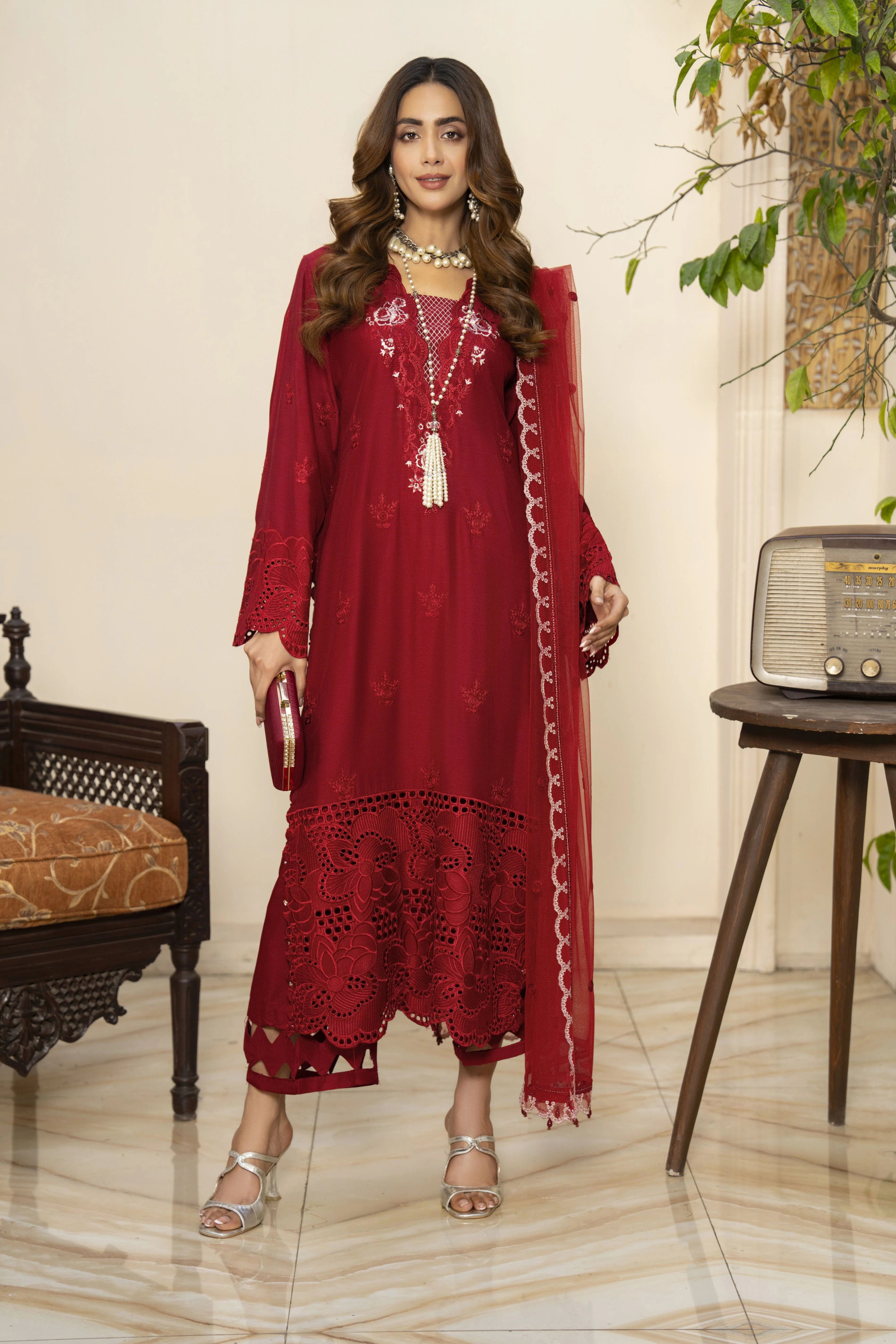 Ally's Maroon Viscrose Embroidered 3-Piece Suit (VX93)