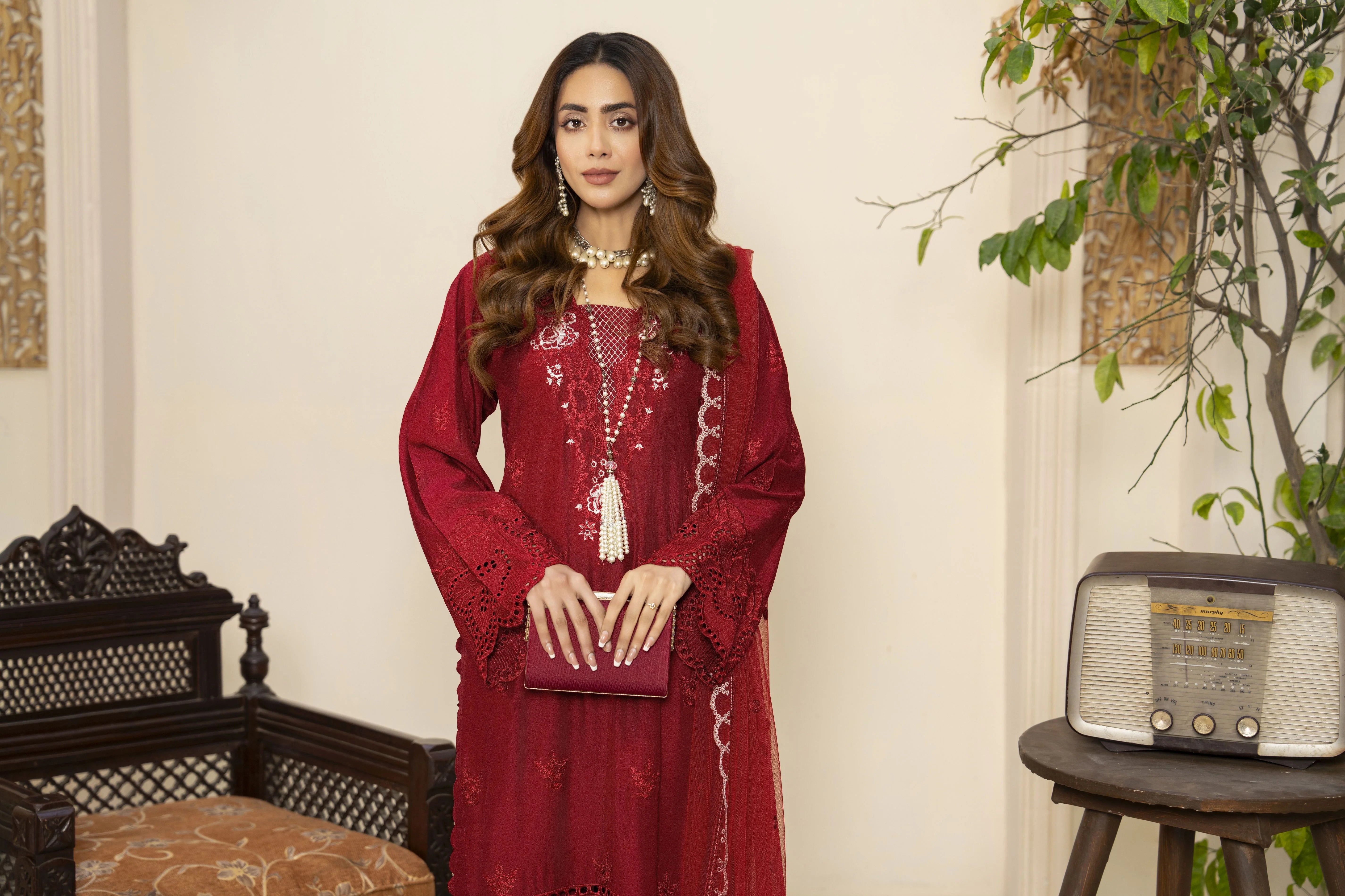 Ally's Maroon Viscrose Embroidered 3-Piece Suit (VX93)