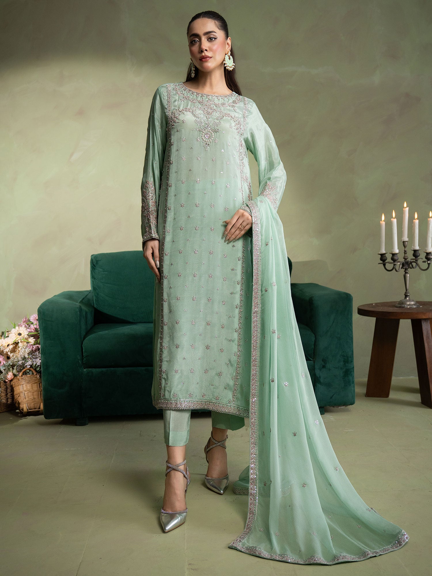 SIFA Aqua Green Embellished Silk 3-Piece Suit