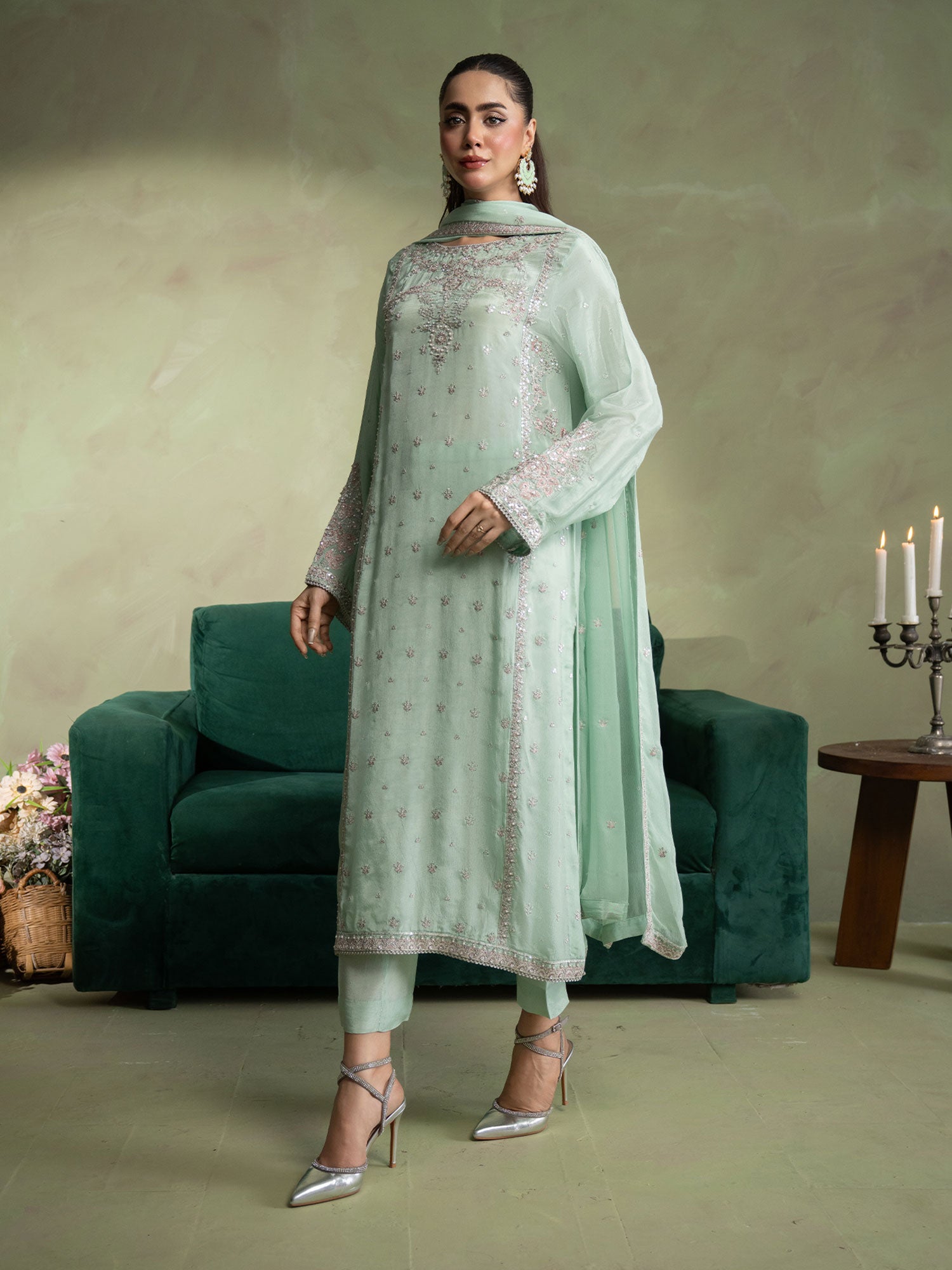 SIFA Aqua Green Embellished Silk 3-Piece Suit