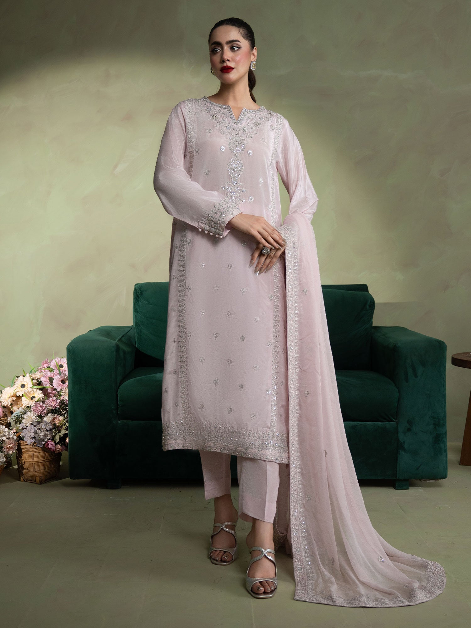 SIFA Powder Pink Embellished Silk 3-Piece Suit