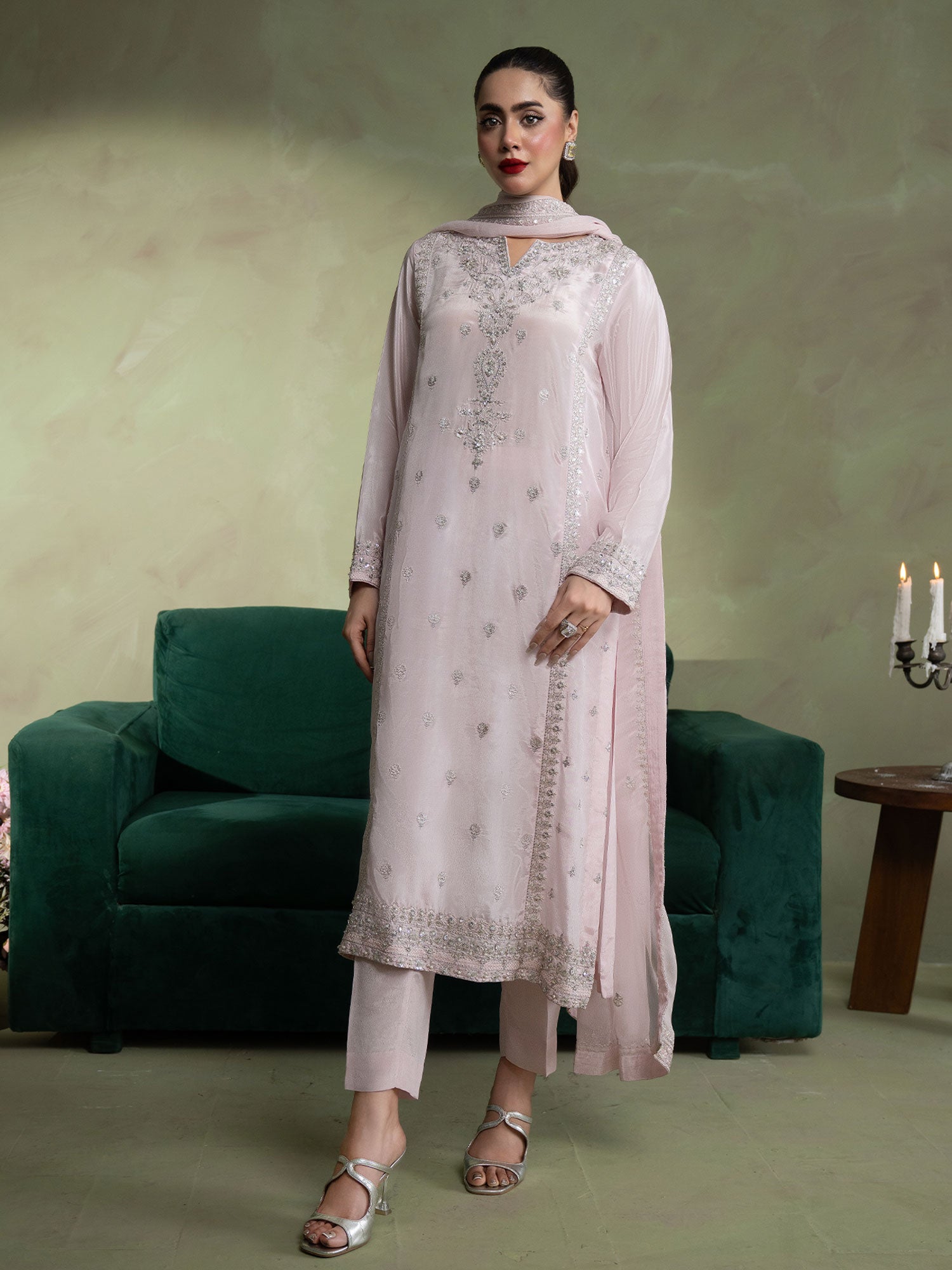 SIFA Powder Pink Embellished Silk 3-Piece Suit