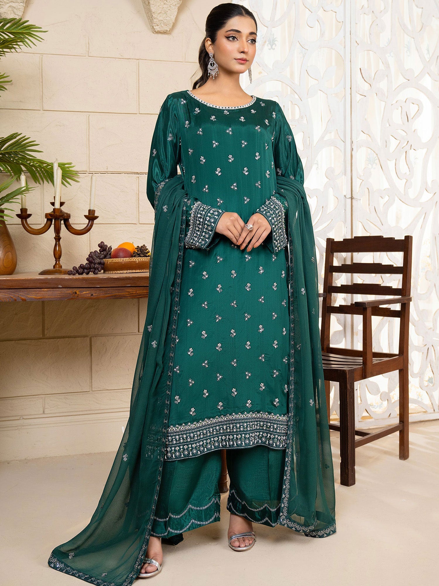 SIFA Bottle Green Embroidered Silk 3-Piece Suit