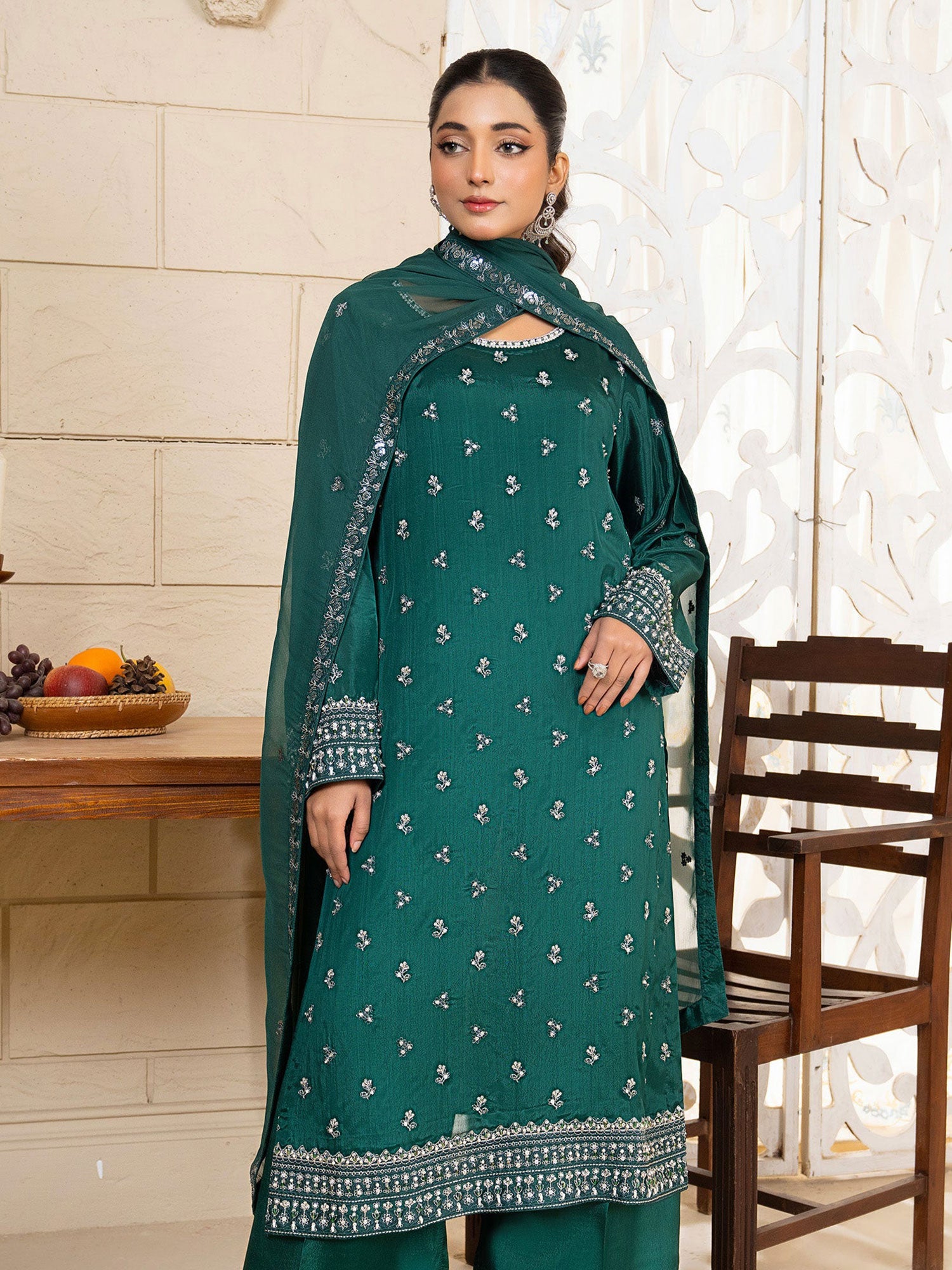 SIFA Bottle Green Embroidered Silk 3-Piece Suit