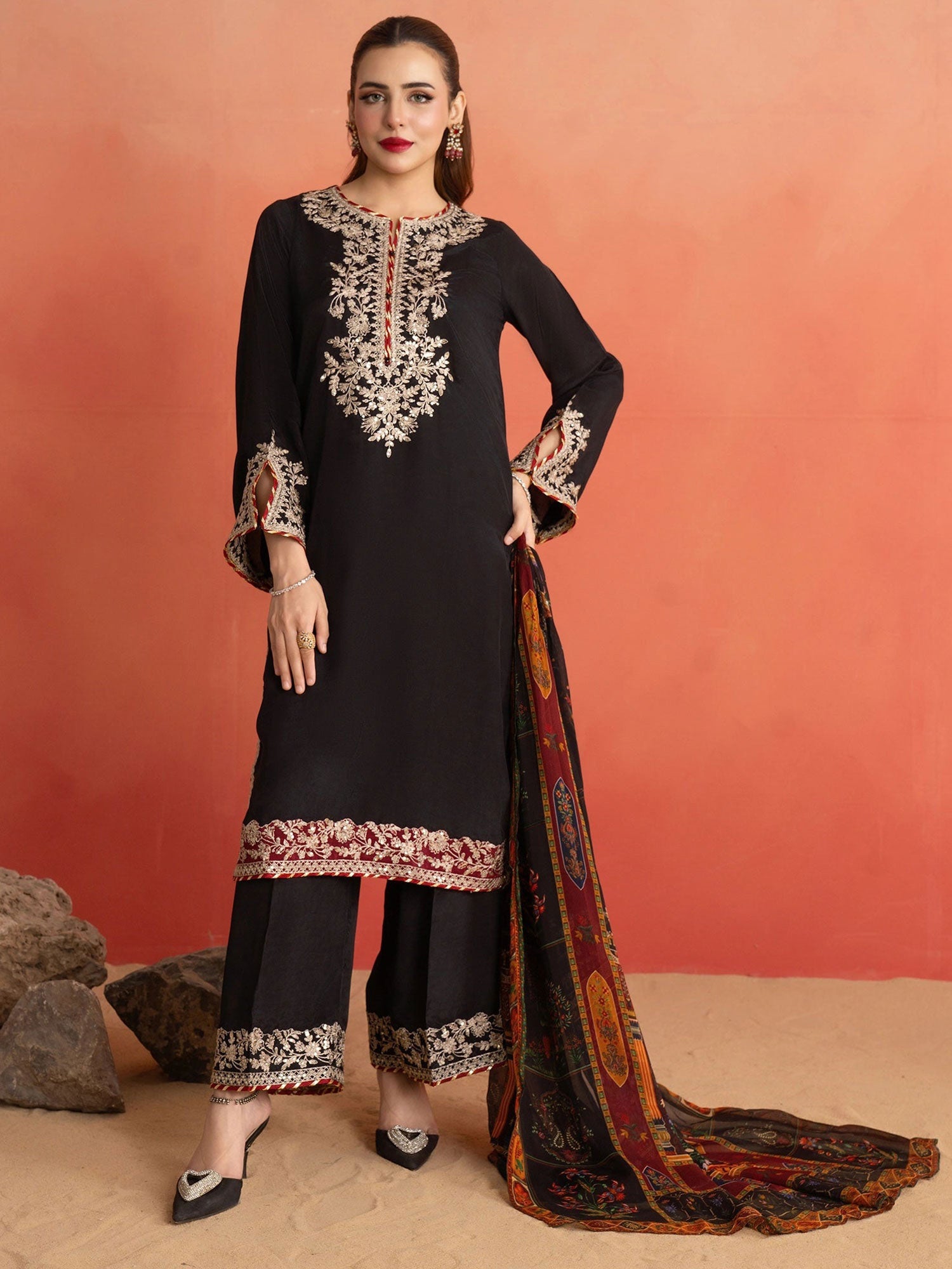 SIFA Black Embroidered Lux Silk 3-Piece Suit