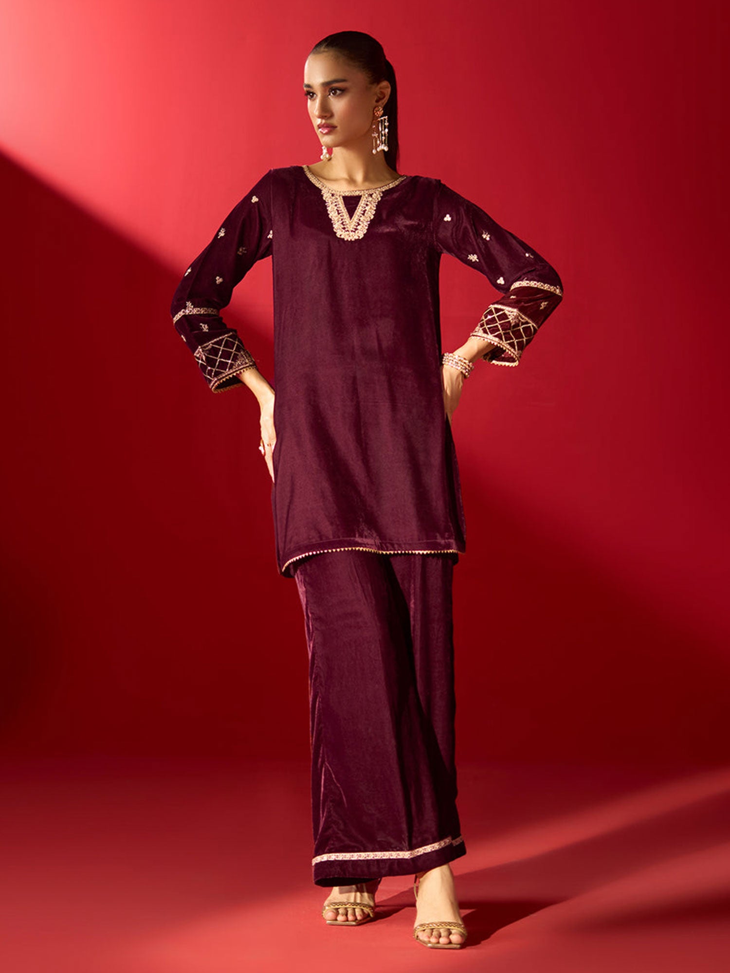 Ally's Velvet Embroidered 2-Piece Suit (EA37) - Maroon