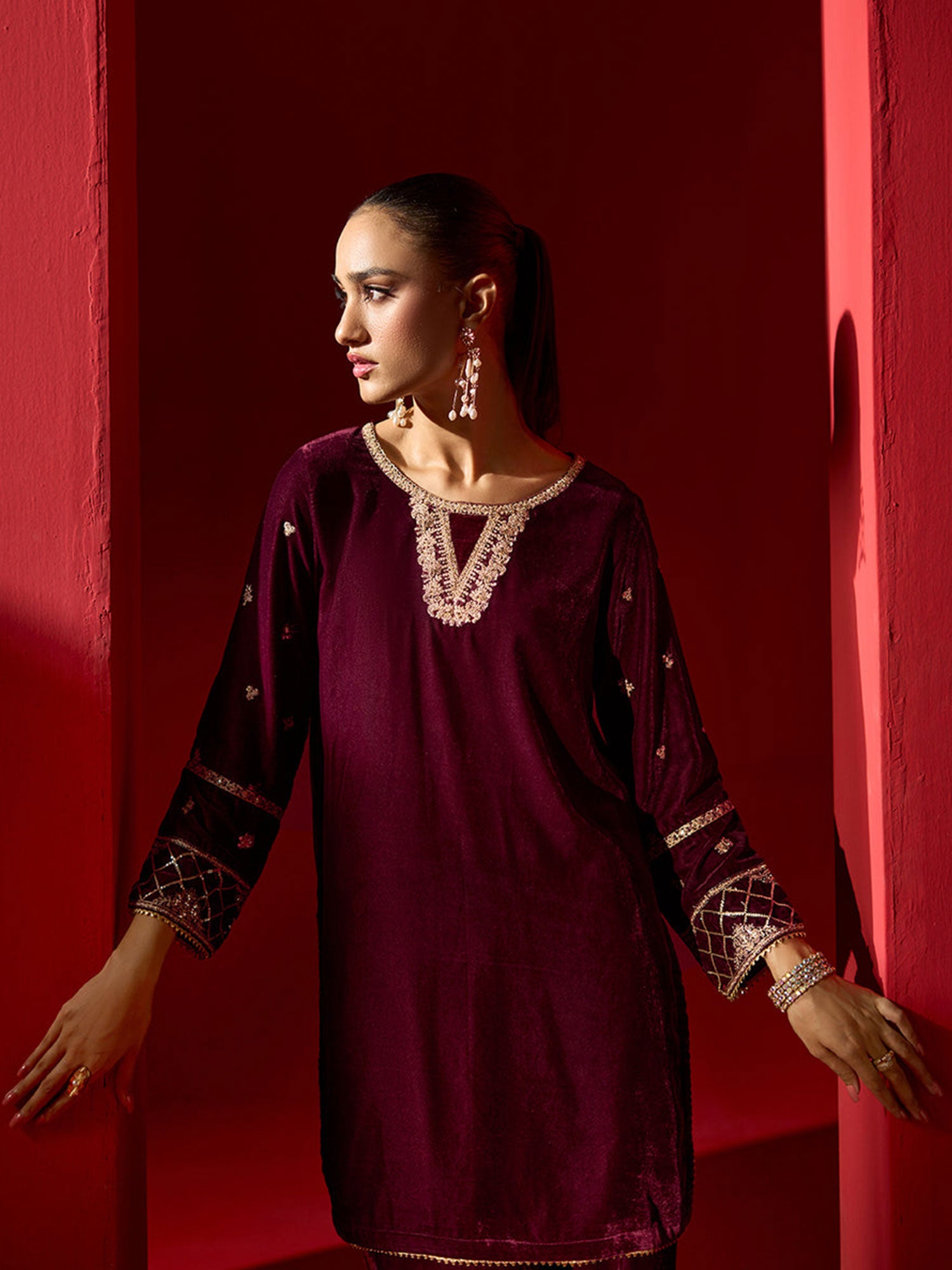 Ally's Velvet Embroidered 2-Piece Suit (EA37) - Maroon