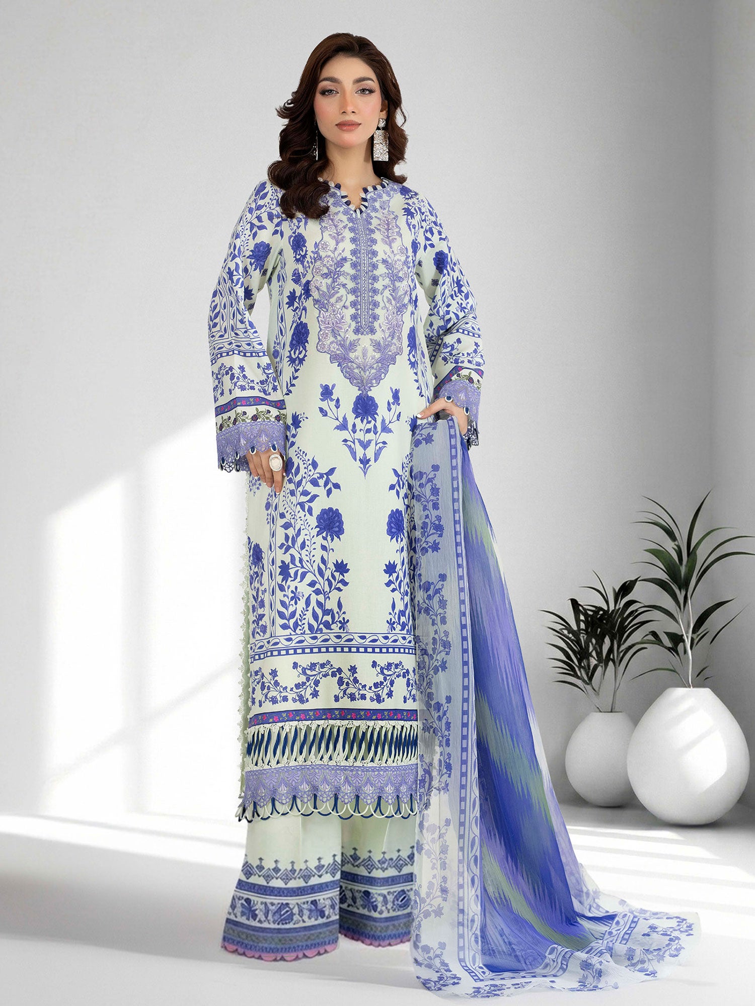 Adan's Libas Embroidered Jacquard Lawn Suit - Blue (E1651)