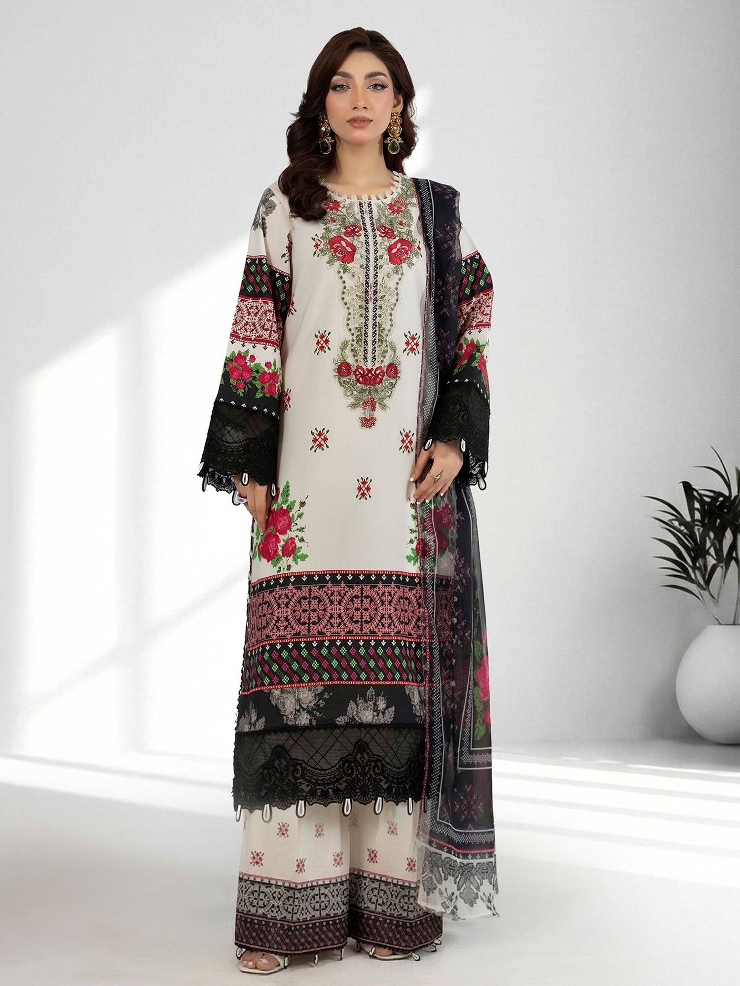 Adan's Libas Embroidered Jacquard Lawn Suit - Floral Black (E1653)