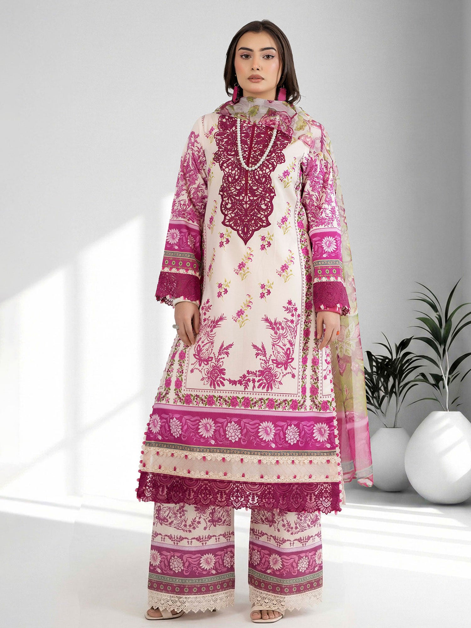 Adan's Libas Embroidered Jacquard Lawn Suit - Fuchsia Pink (E1654)