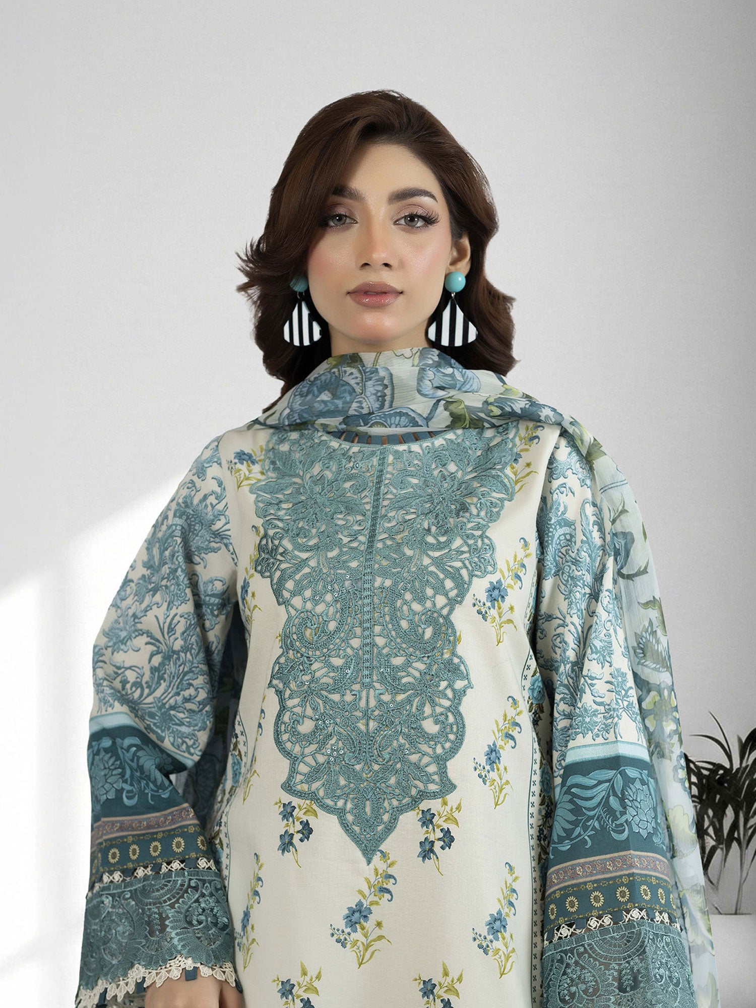 Adan's Libas Embroidered Jacquard Lawn Suit - Aqua (E1655)