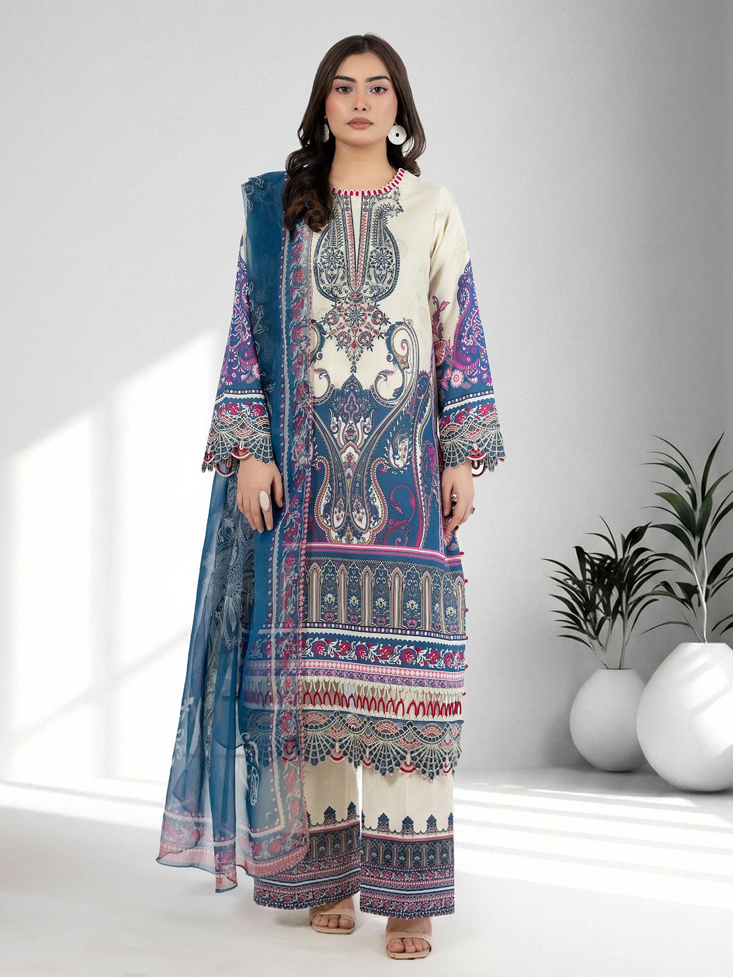 Adan's Libas Embroidered Jacquard Lawn Suit - Blue-Grey / Pink (E1656)