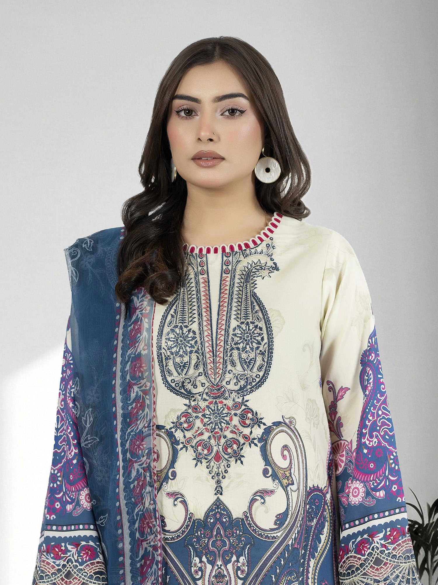 Adan's Libas Embroidered Jacquard Lawn Suit - Blue-Grey / Pink (E1656)