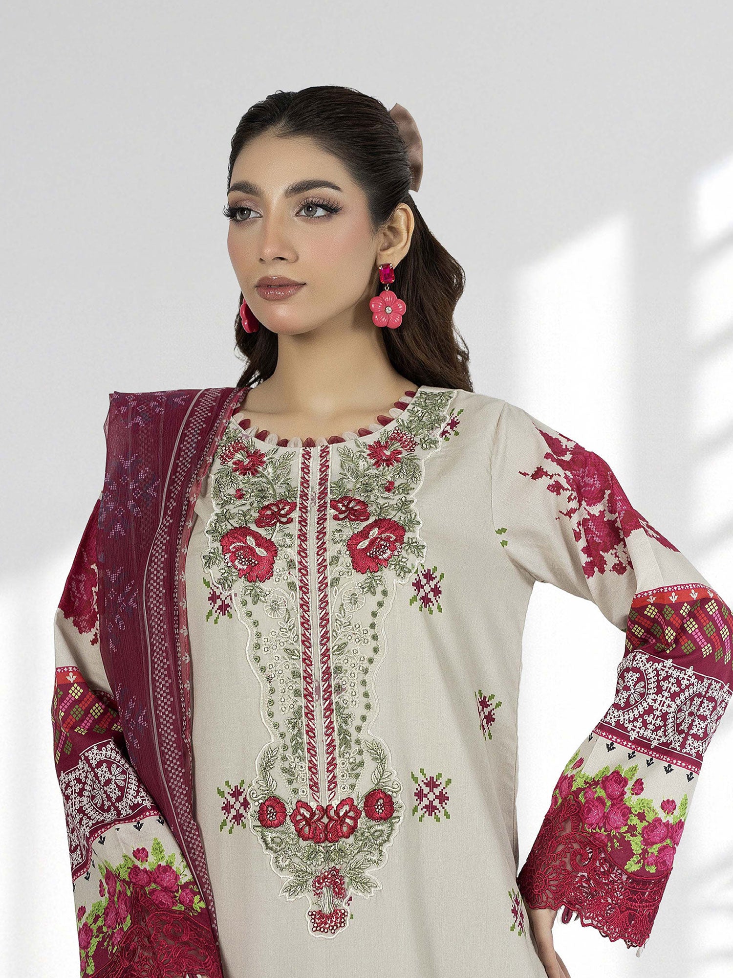 Adan's Libas Embroidered Jacquard Lawn Suit - Floral Pink (E1657)