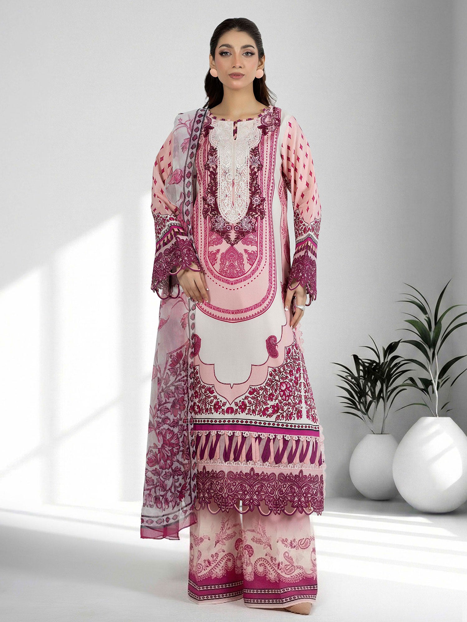 Adan's Libas Embroidered Jacquard Lawn Suit - Magenta (E1658)