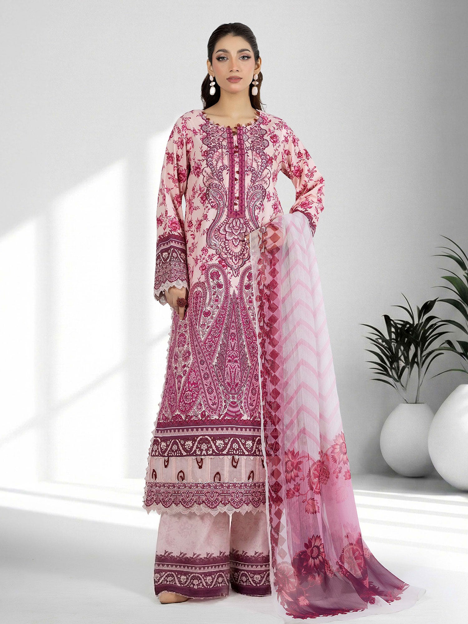 Adan's Libas Embroidered Jacquard Lawn Suit - Magenta Pink (E1659)