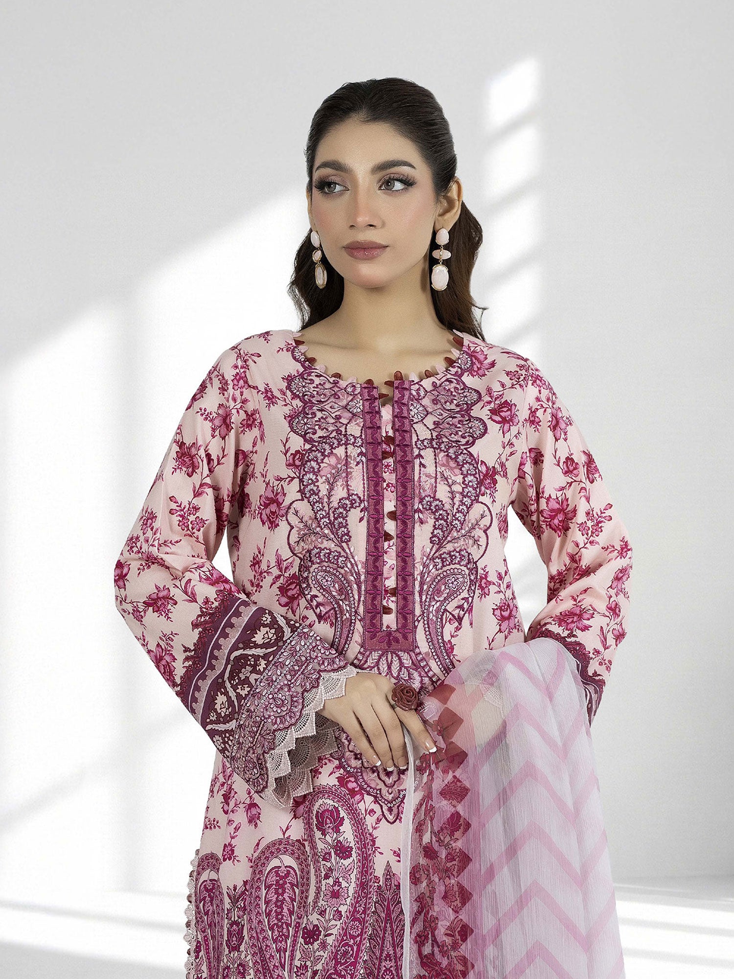 Adan's Libas Embroidered Jacquard Lawn Suit - Magenta Pink (E1659)