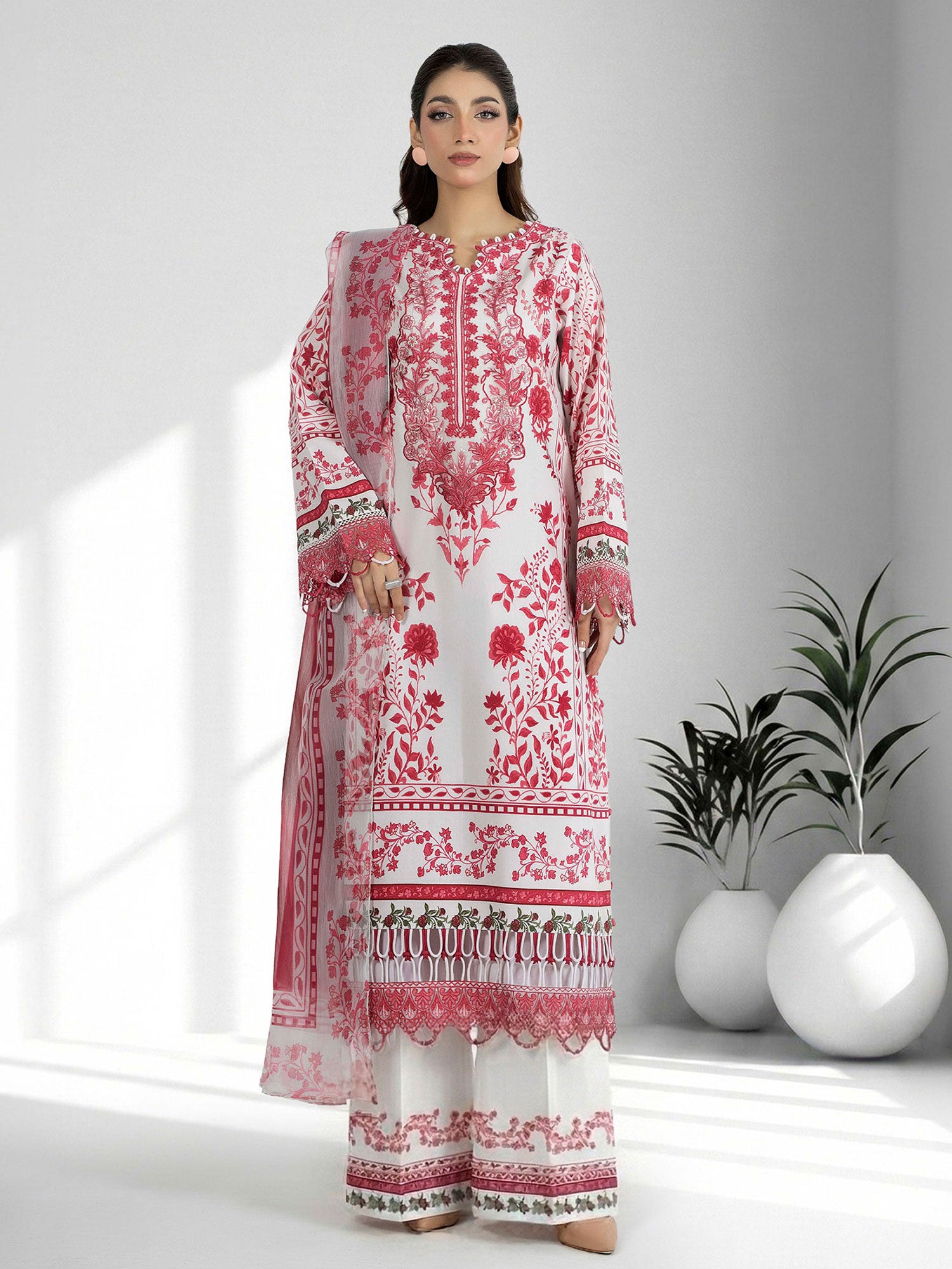 Adan's Libas Embroidered Jacquard Lawn Suit - Raspberry Pink (E1661)