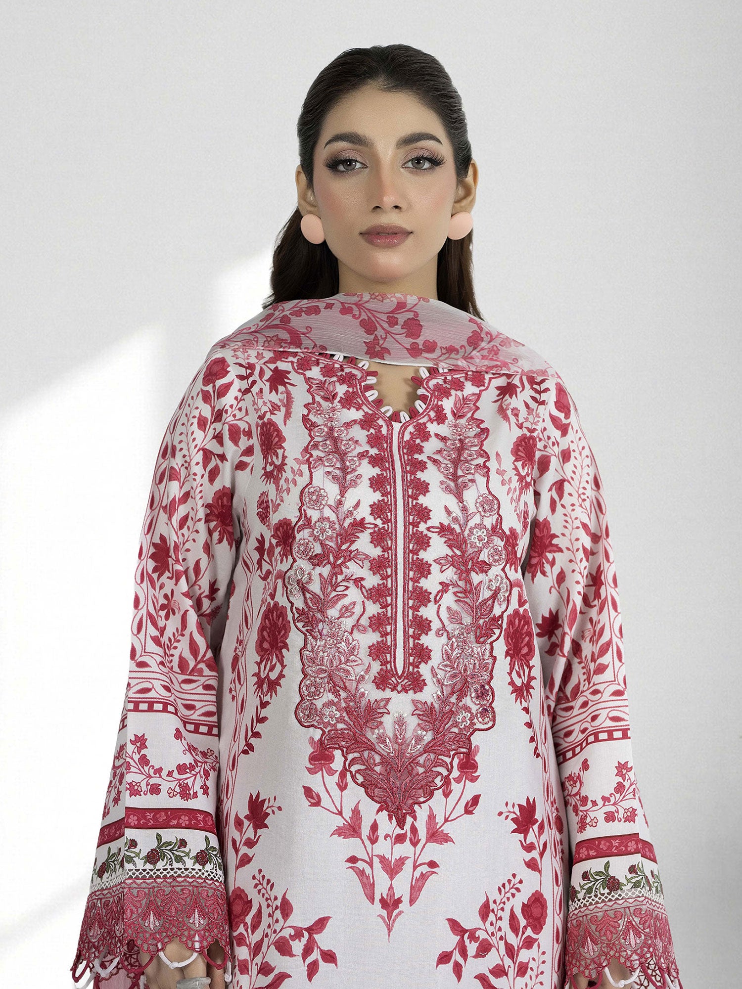 Adan's Libas Embroidered Jacquard Lawn Suit - Raspberry Pink (E1661)
