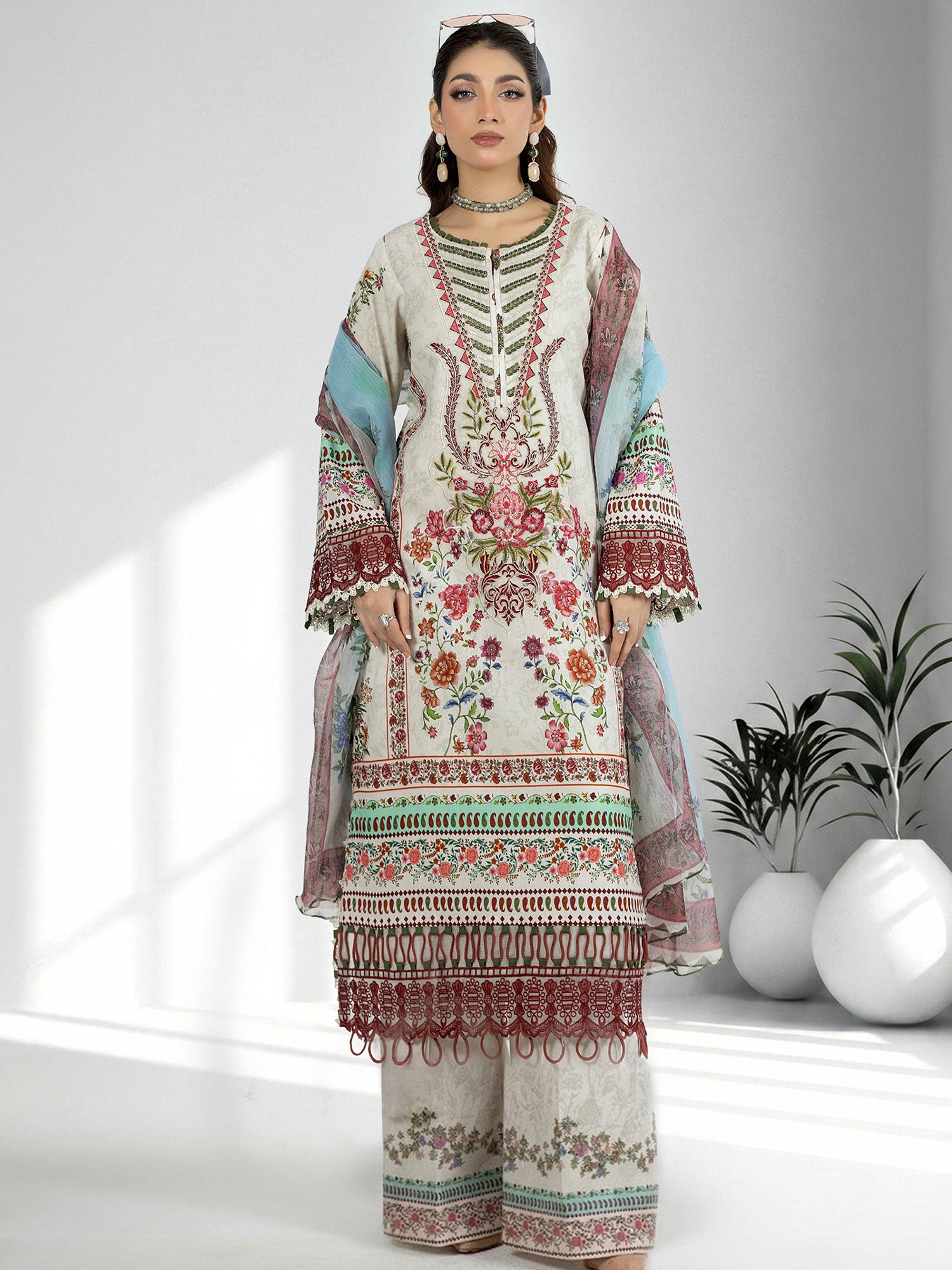 Adan's Libas Embroidered Jacquard Lawn Suit - Maroon & Ivory (E1662)