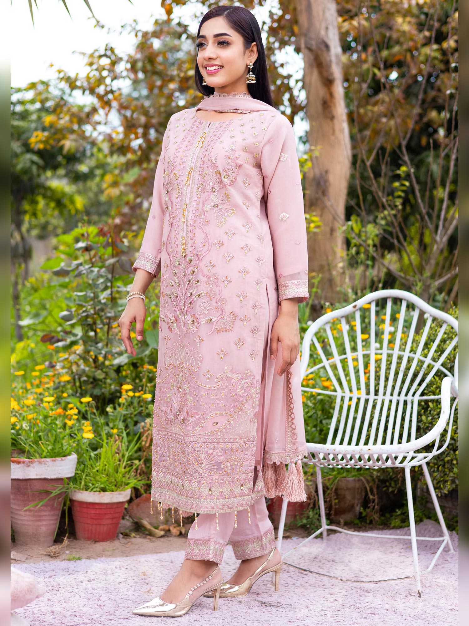 Rangz Light Pink Embroidered Chiffon 3 Piece Suit