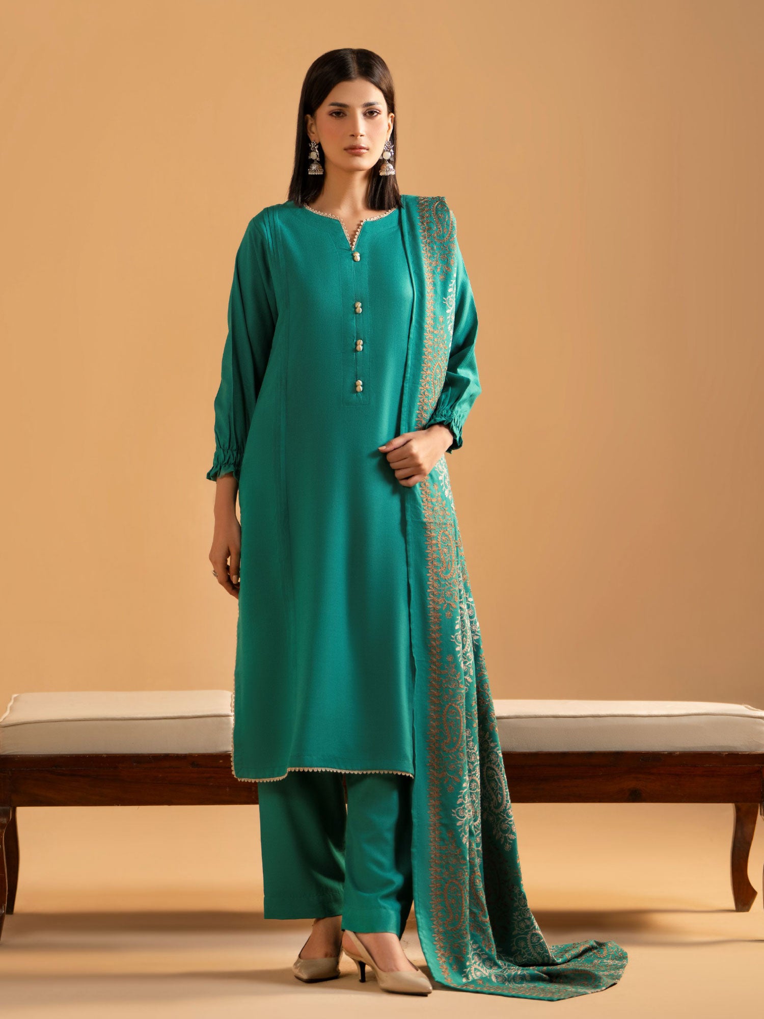 Raniya.H "Noor Bano Vol.7" Winter Dhanak Suit with Shawl - Emerald Grace