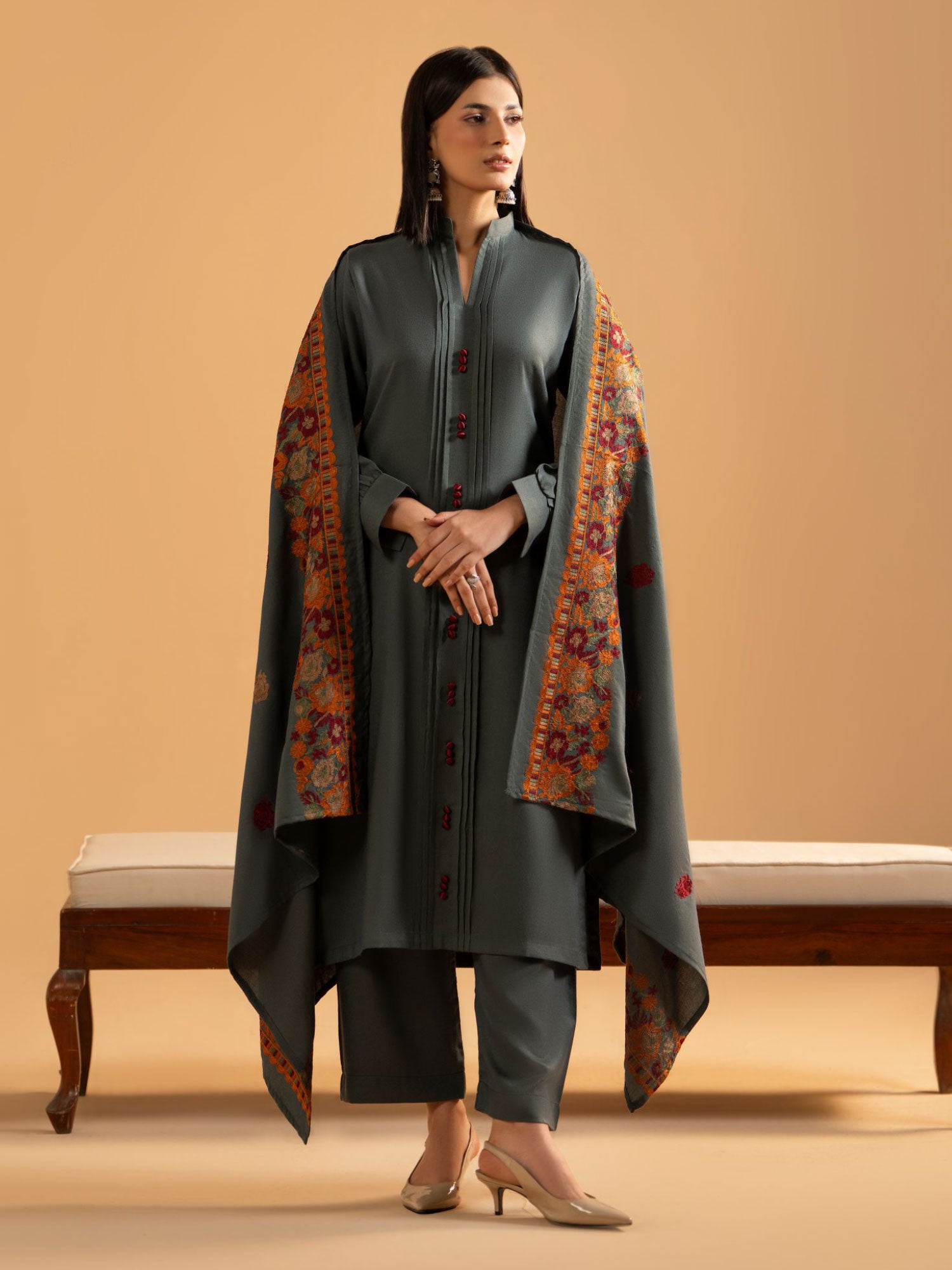 Raniya.H "Noor Bano Vol.7" Winter Dhanak Suit with Shawl - Emerald Grey