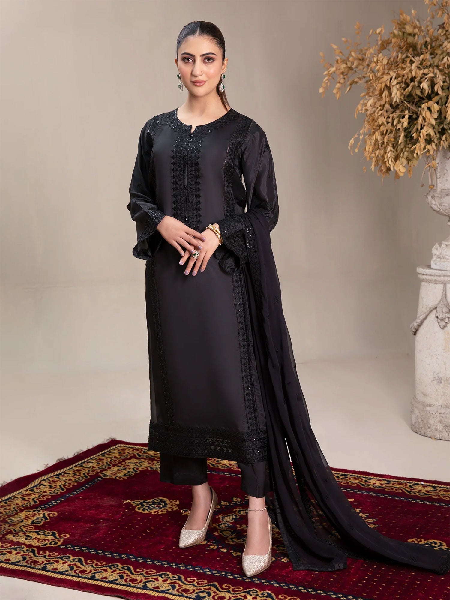 SIFA Black Embroidered Silk 3-Piece Suit