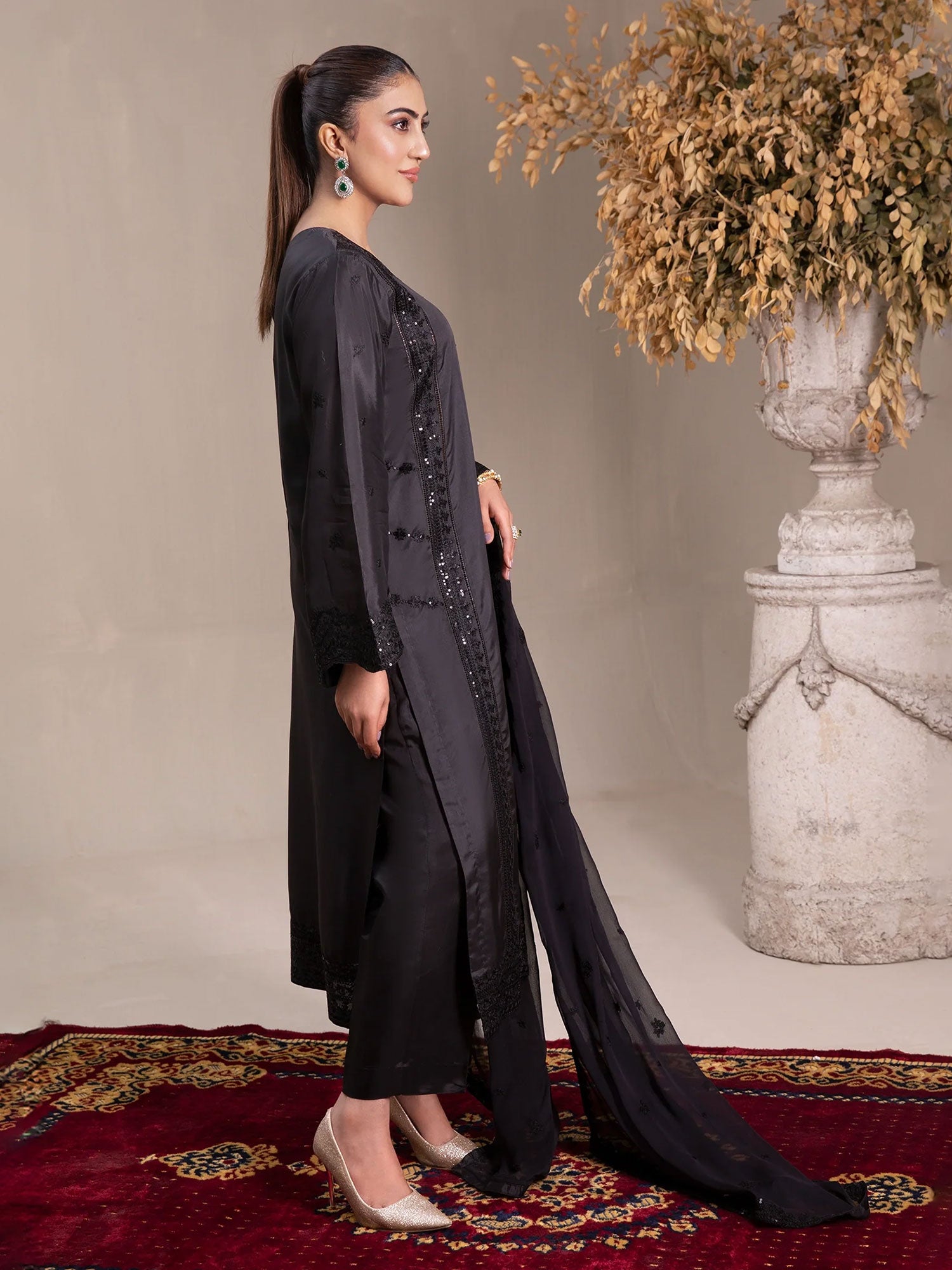 SIFA Black Embroidered Silk 3-Piece Suit