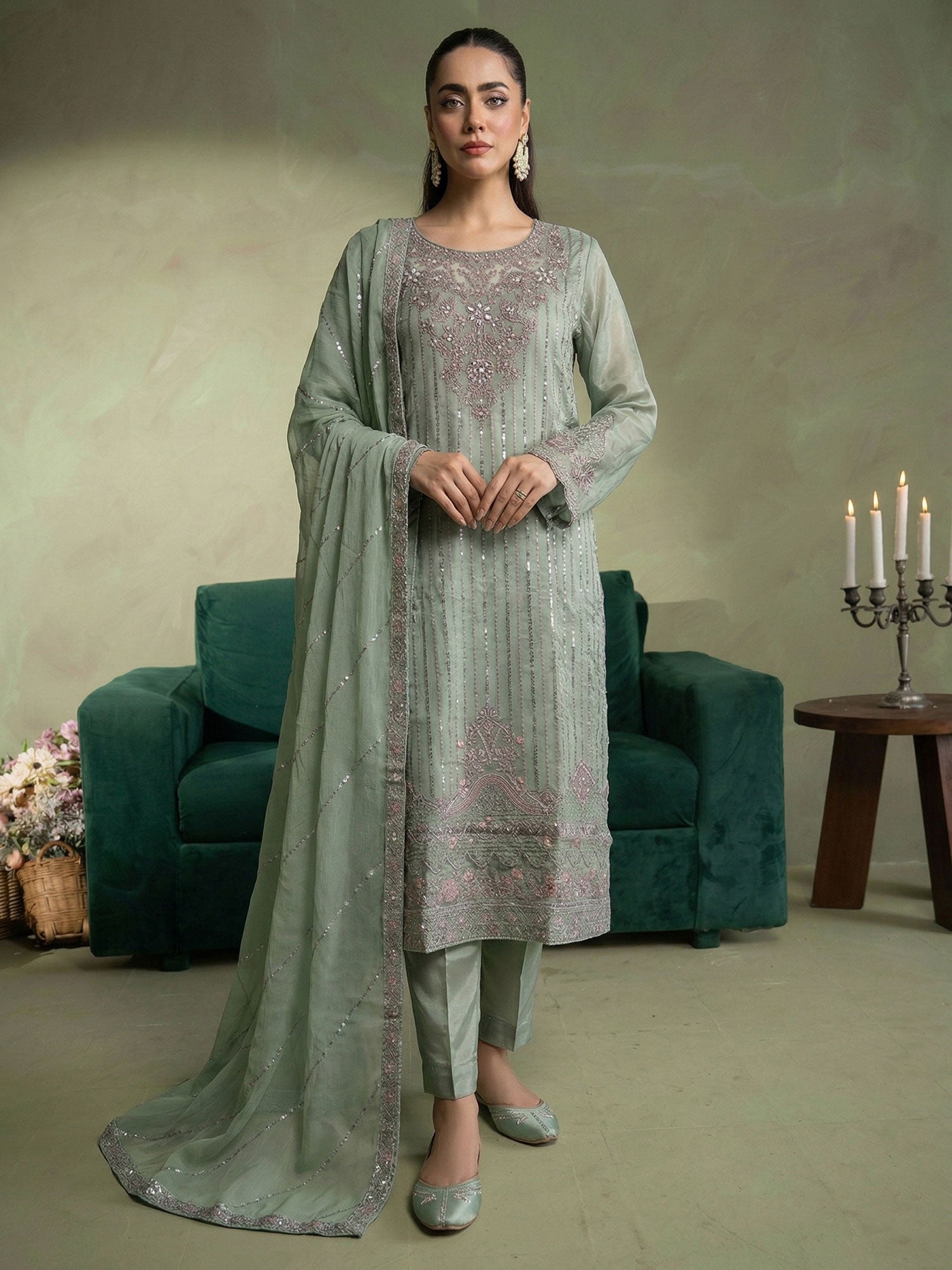 SIFA Pistachio Green Embroidered Silk 3-Piece Suit