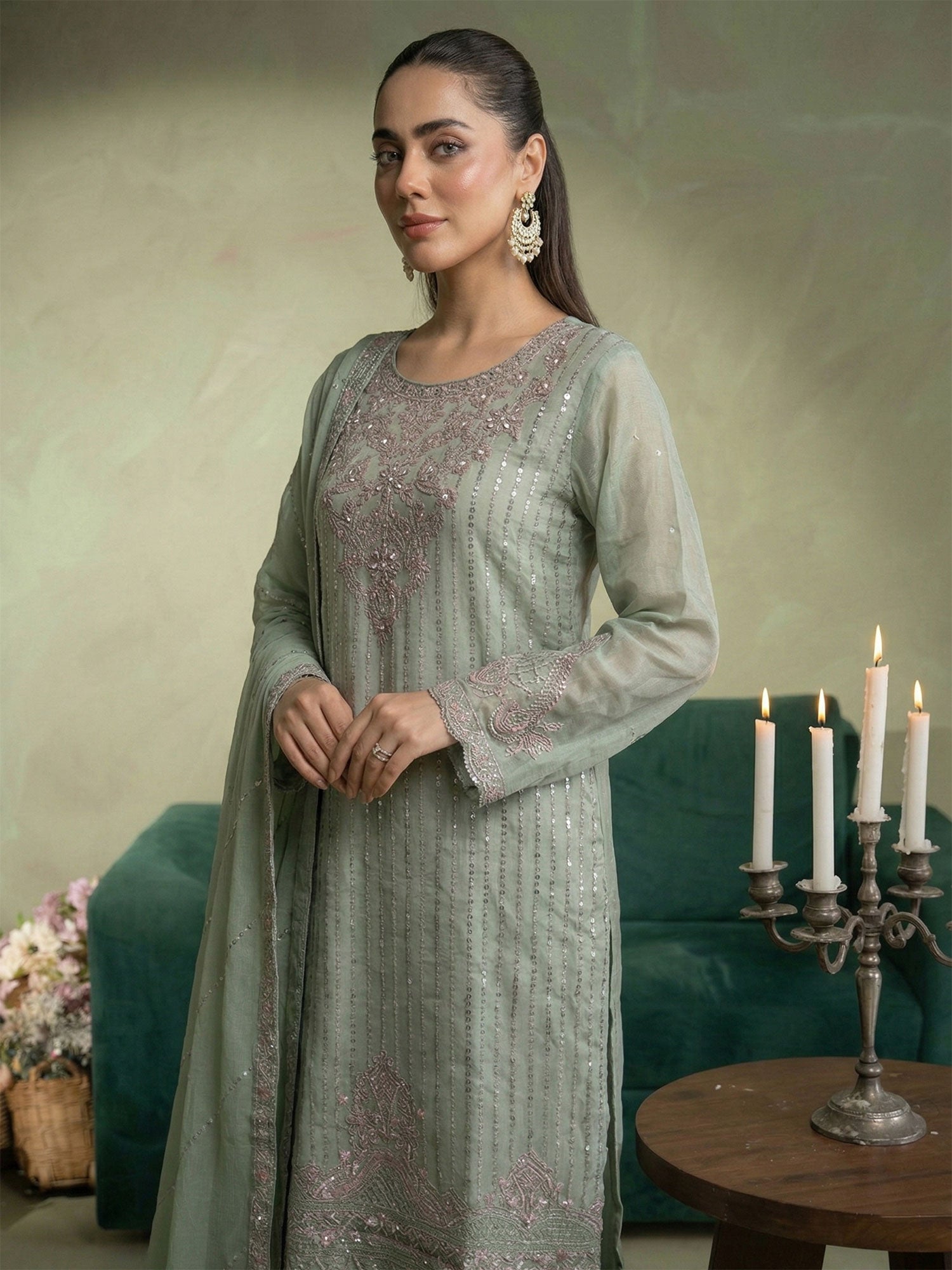 SIFA Pistachio Green Embroidered Silk 3-Piece Suit