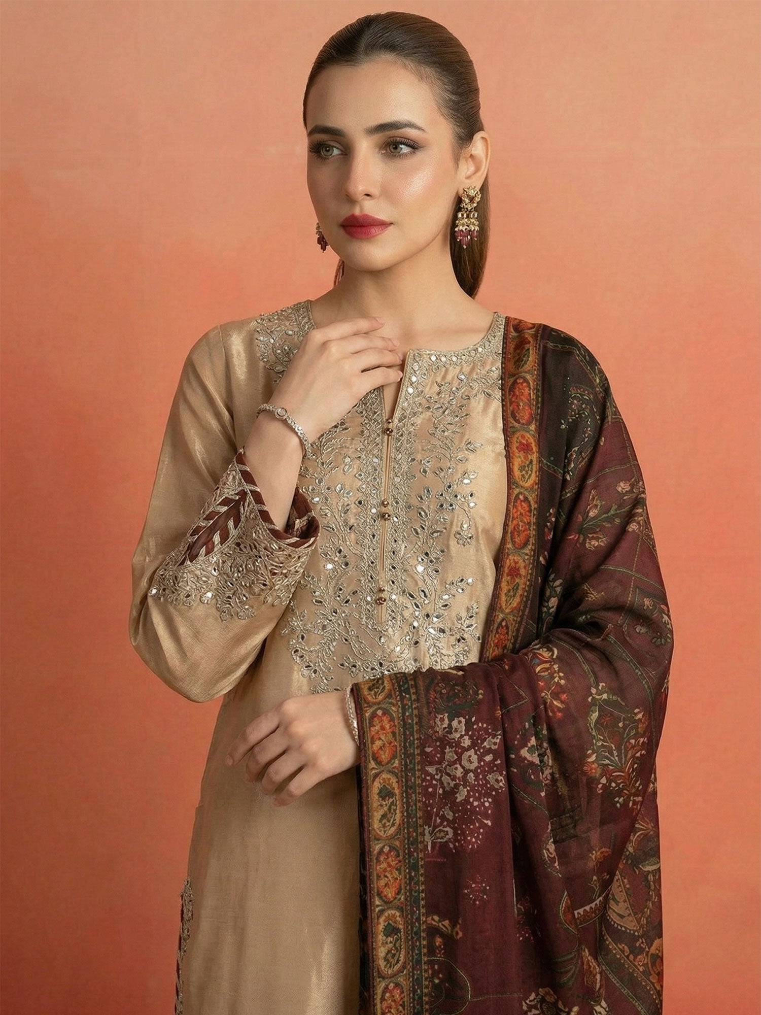 SIFA Beige Embroidered Silk 3-Piece Suit
