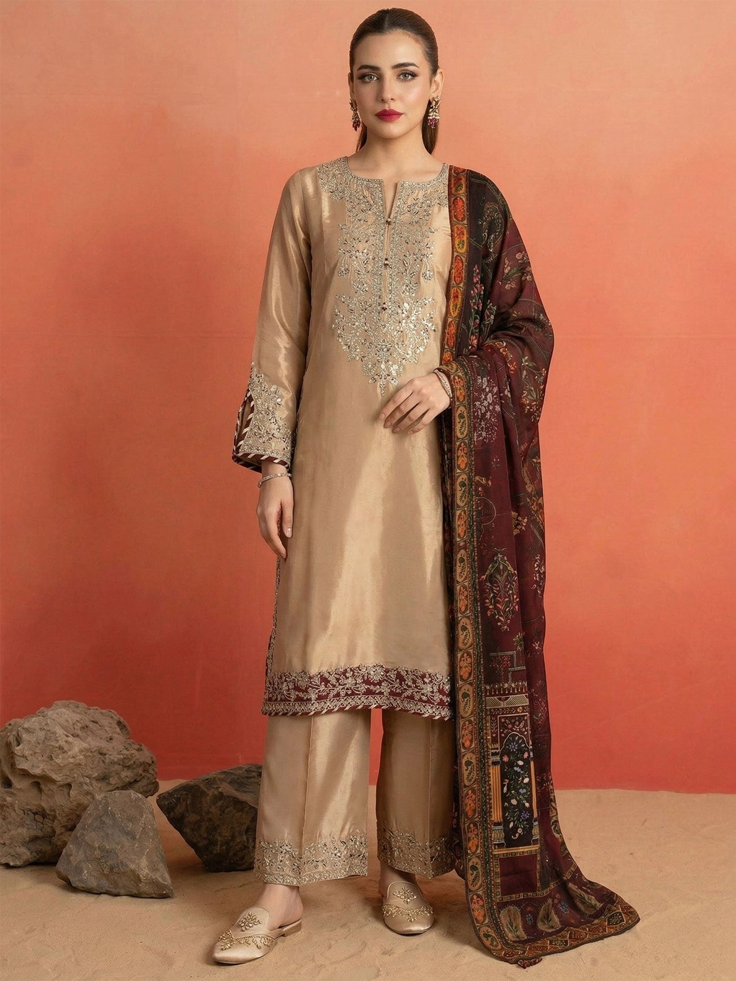 SIFA Beige Embroidered Silk 3-Piece Suit